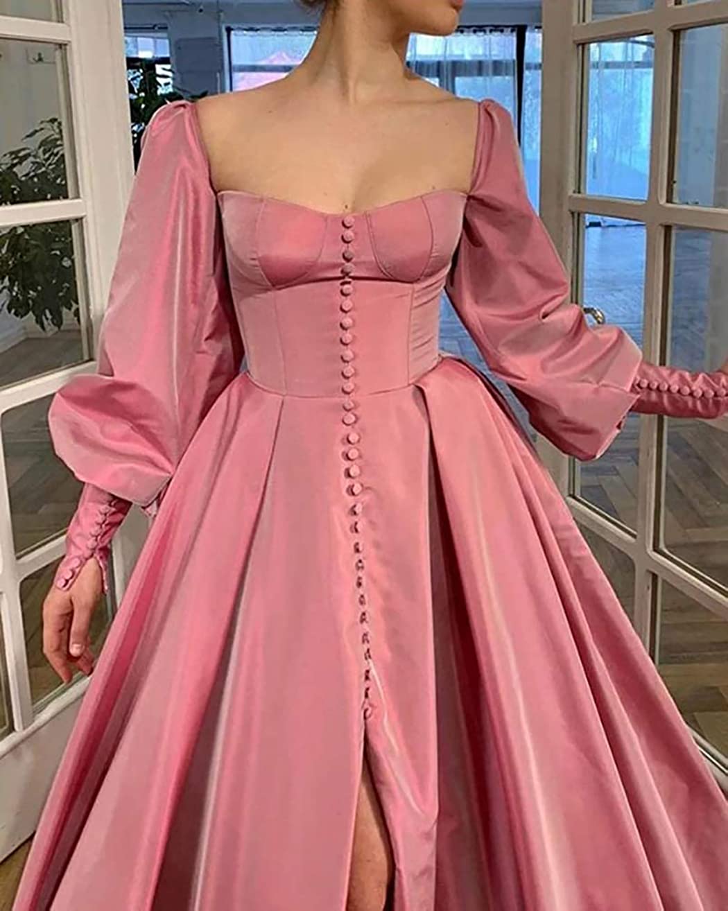Elegant Puffy Sleeve A-Line Ball Gown with Buttons & Split - Sweetheart Neckline Long Evening Dress in Wisteria Purple | Perfect for Prom, Wedding Guest & Formal Events