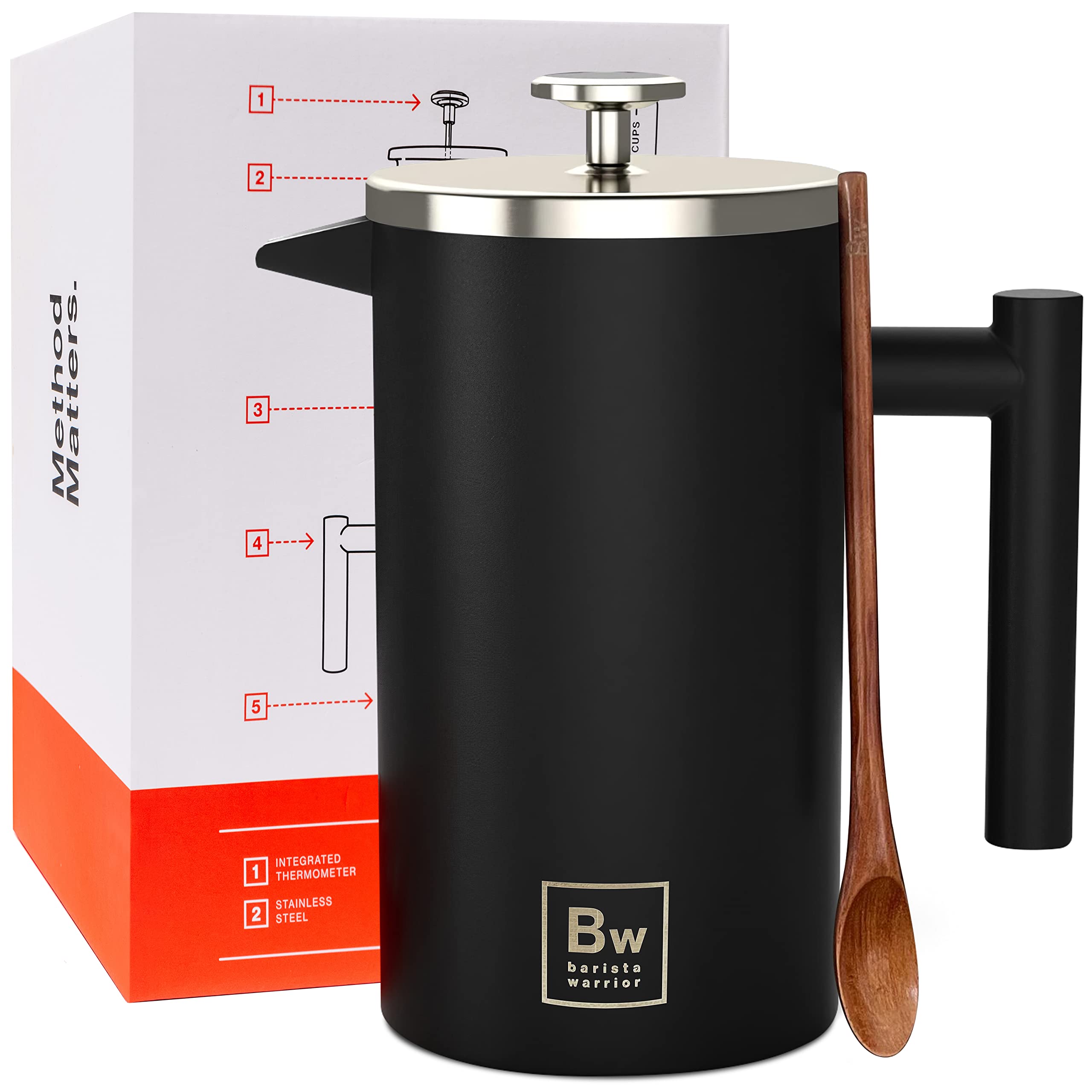 Barista Warrior French Press Coffee Maker with Built-in Thermometer - 34oz Stainless Steel Insulated Coffee Press for Hot & Cold Brew - Perfect for Home, Office, Camping & Gifts (1.0L, Black)