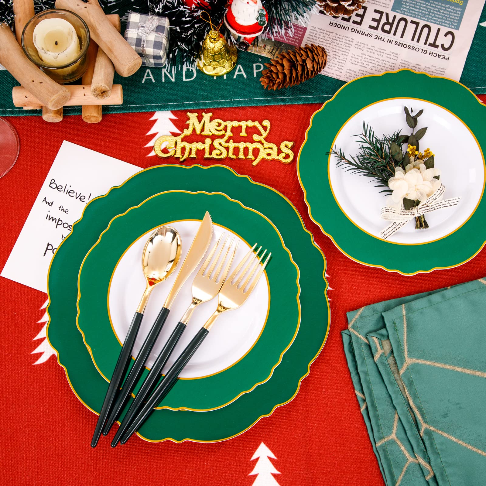 WDF 30-Pack Gold Christmas Plates Disposable with Green Handle - Elegant Baroque Plastic Dinnerware Set for Holiday Parties, Family Gatherings & Festive Celebrations