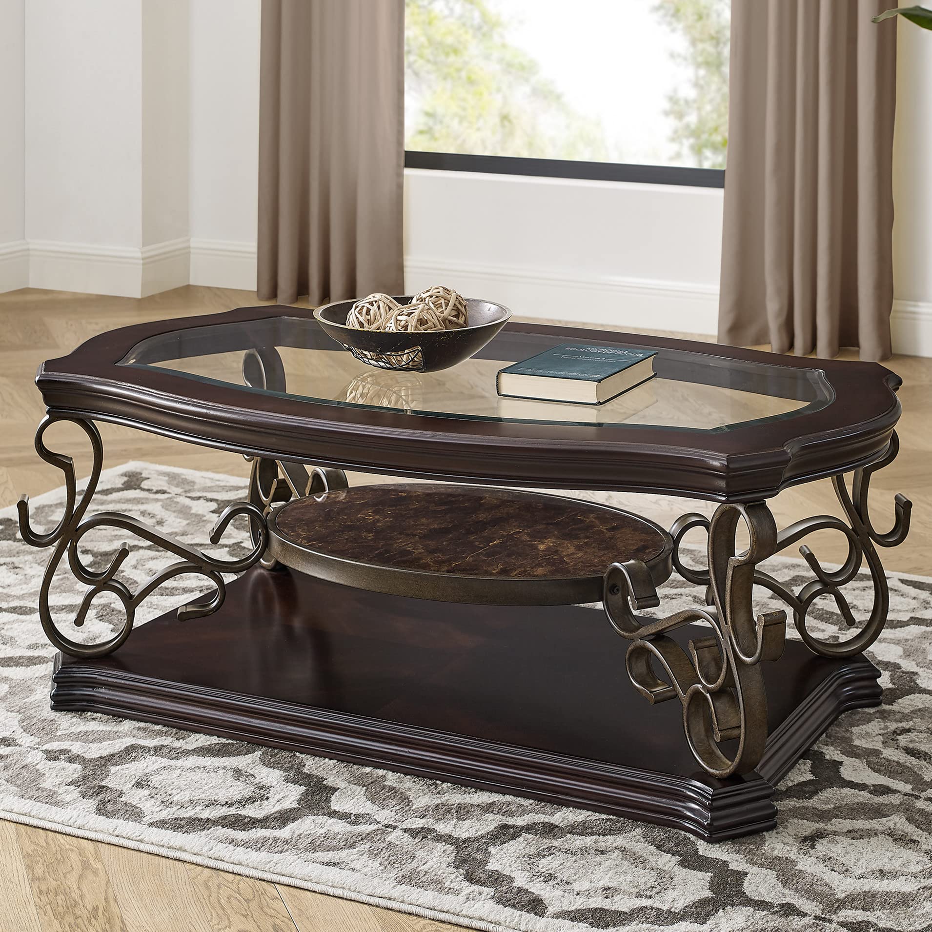 Vintage Wooden Rectangle Coffee Table with Tempered Glass Top & Faux Marble Shelf - Retro Metal Carved Legs for Living Room, Office - Perfect for Entertaining, Reading & Home Decor