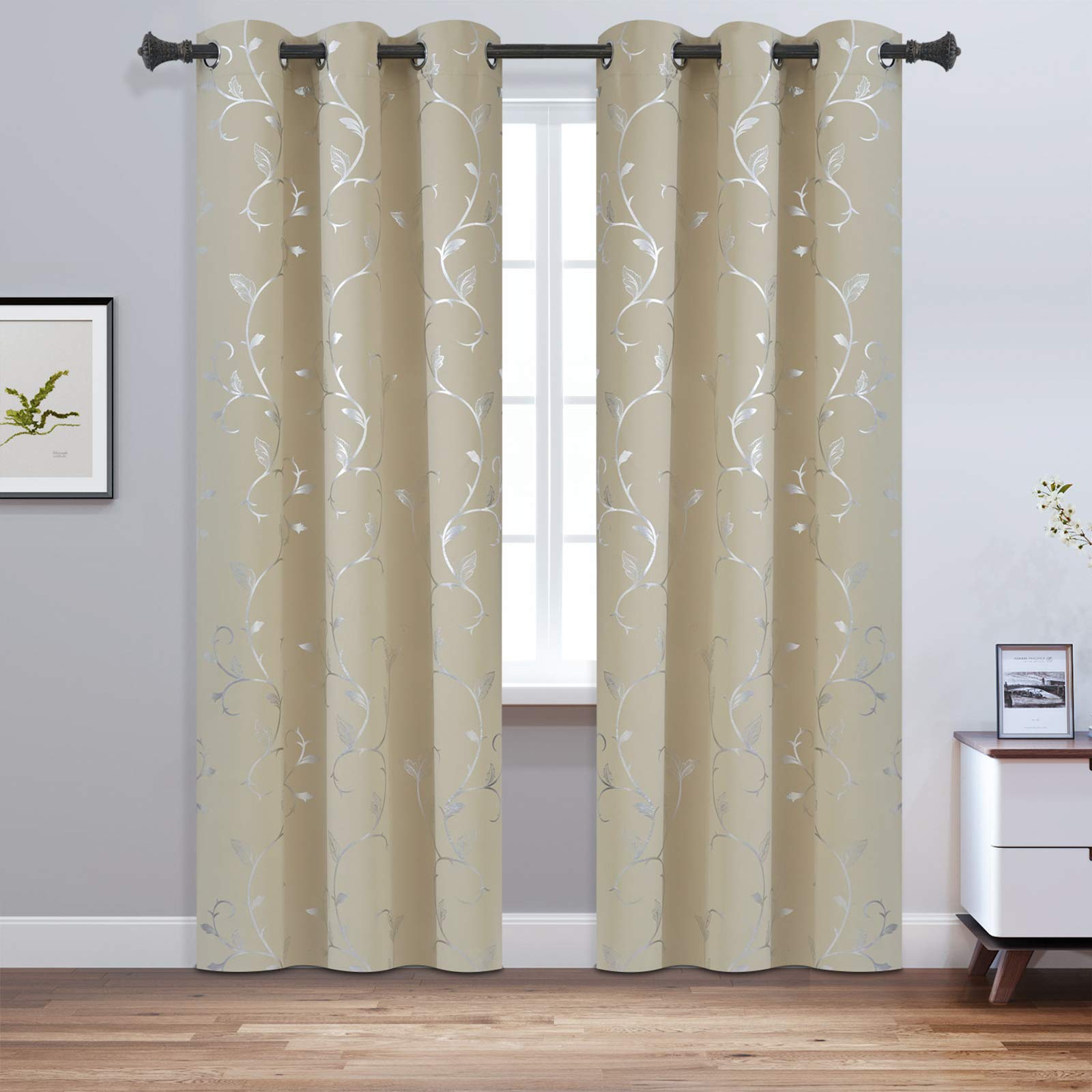 BUHUA Grommet Top Blackout Curtains - Floral Vine Print Room Darkening Window Drapes for Living Room, Bedroom & Nursery - 38x96 Inches (1 Pair) - Perfect for Light Control, Privacy & Home Decor