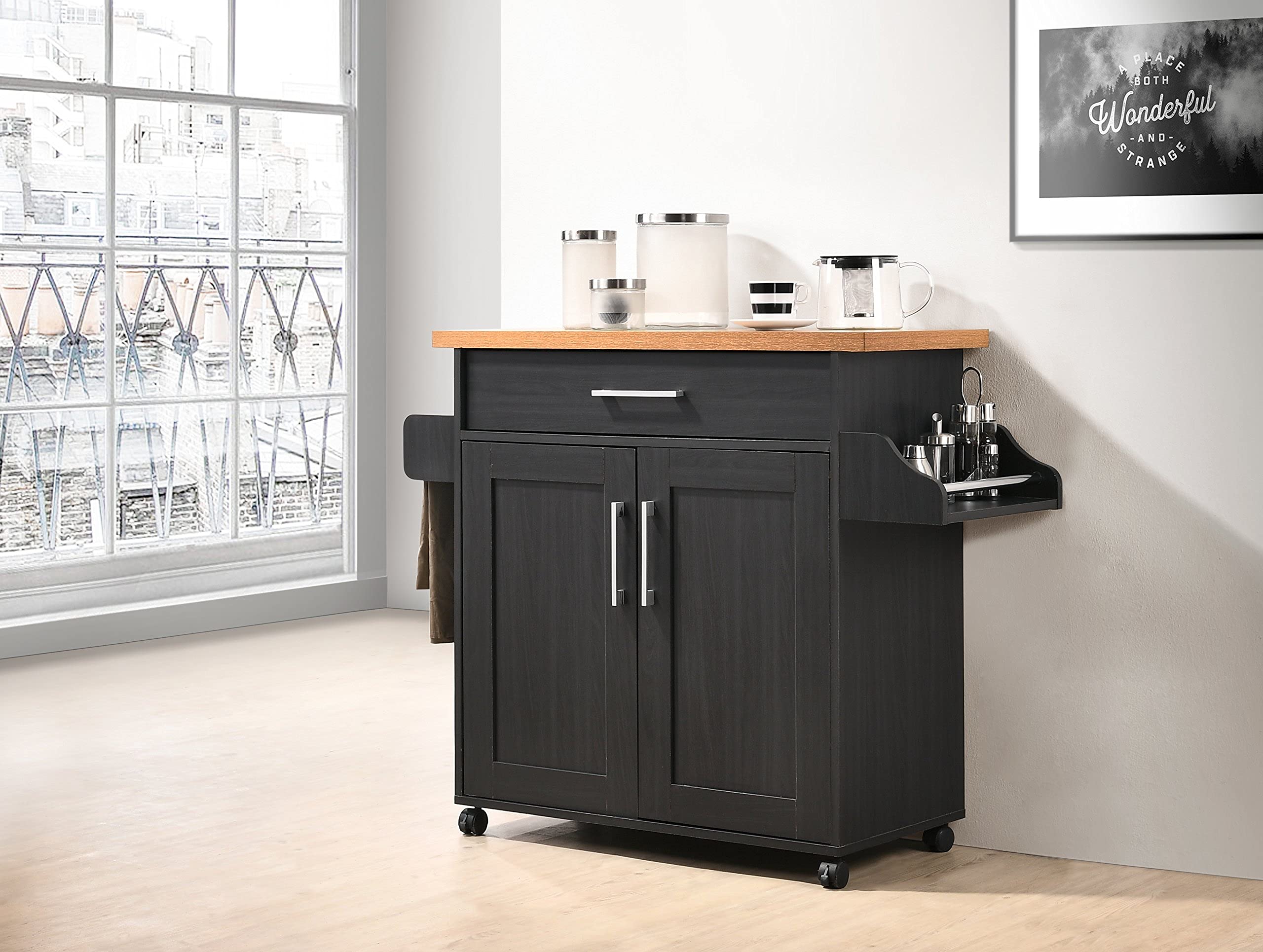 Hodedah Black Kitchen Island with Spice Rack, Towel Rack & Drawer - Beech Wood Countertop for Small Kitchen, Dining Room or Pantry Organization