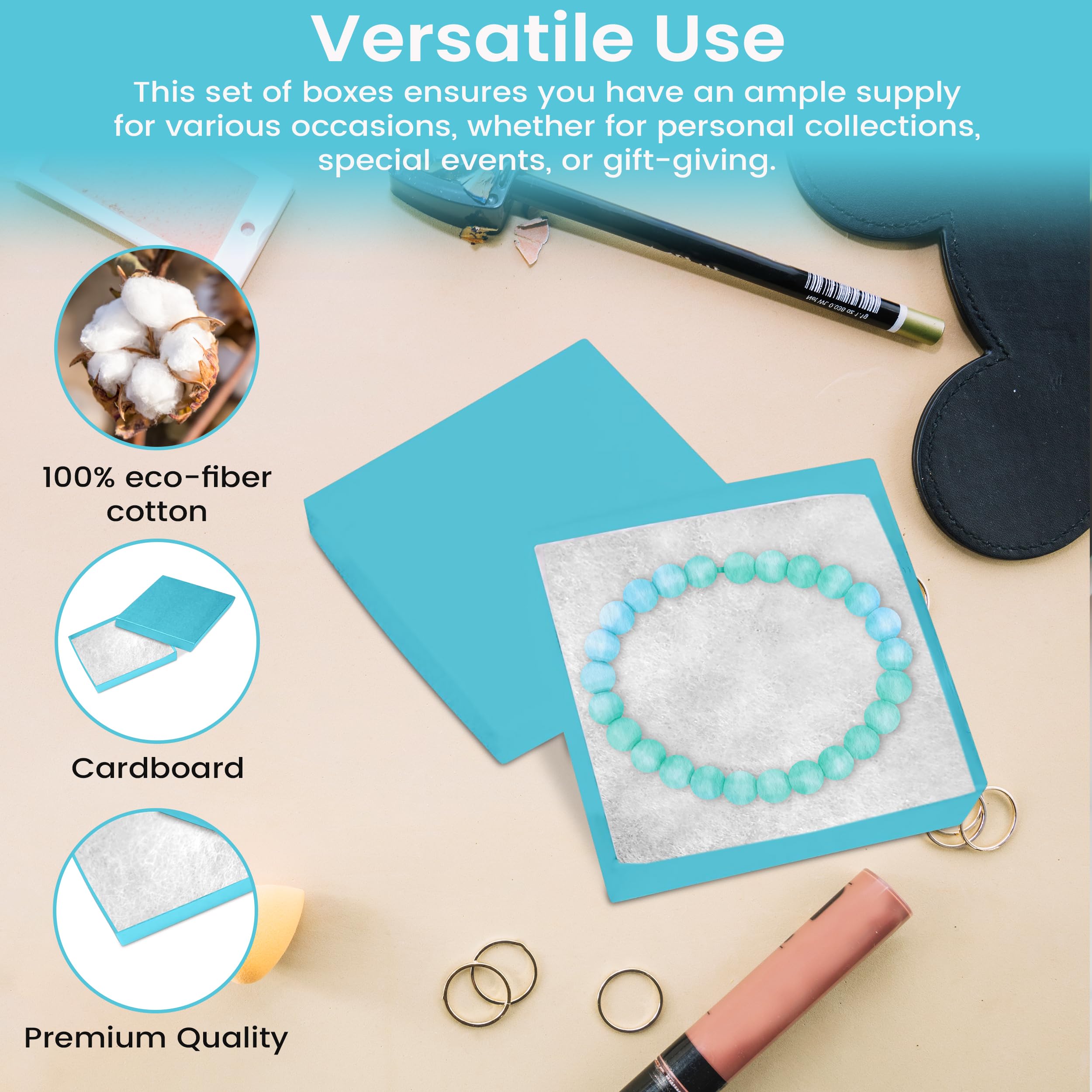 15 Pack Light Blue Jewelry Gift Boxes 3.5x3.5x0.87 Inches - Premium Cotton Filled Cardboard Jewelry Storage Box with Lid - Made in USA - Perfect for Bracelets, Necklaces, Rings & Earrings - Great for Gifting, Wedding Favors & Retail Display