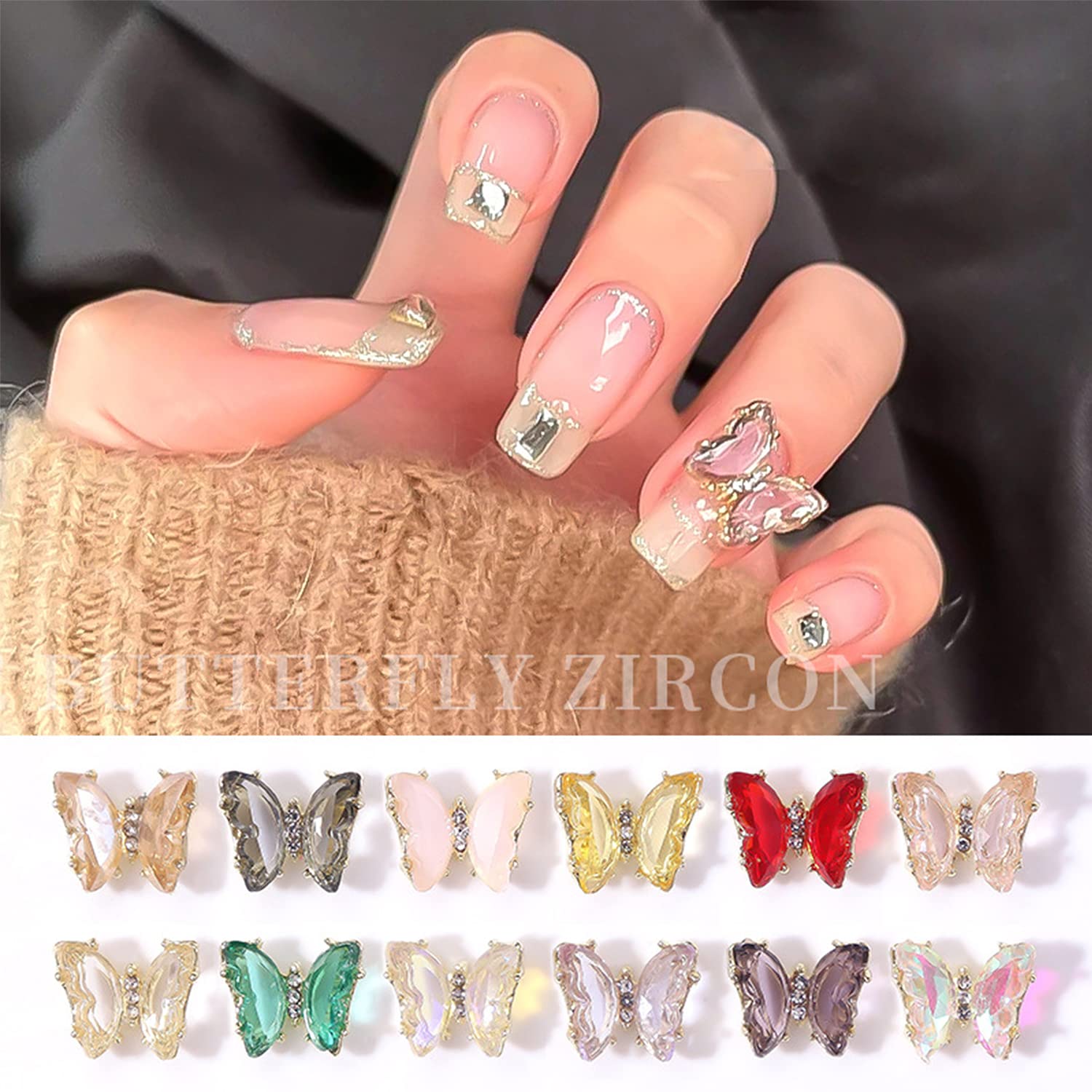 JERCLITY 60pcs 3D Zircon Butterfly Nail Charms - Alloy Crystal Nail Decorations with Aurora Effect for Acrylic Nails, DIY Manicure, Nail Art Designs - Perfect for Parties, Weddings, and Special Occasions