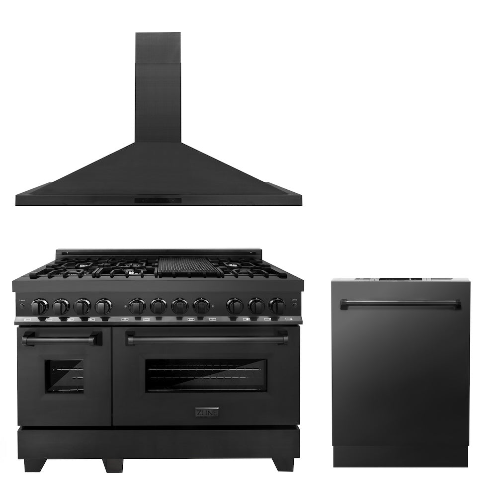 ZLINE 48-Inch Black Stainless Steel Dual Fuel Range Kitchen Package with Convertible Vent Hood & Dishwasher (3KP RABRH48 DW) - Perfect for Modern Kitchens, Home Renovations & Professional Chefs