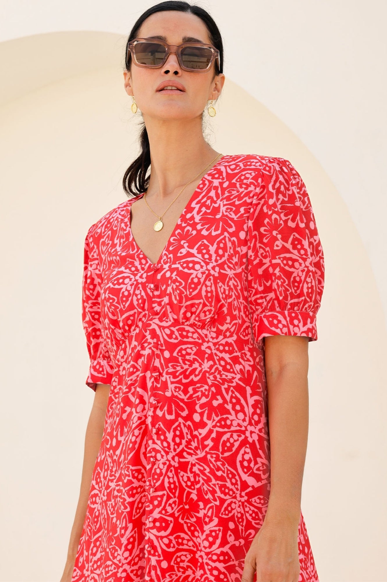 Anne Tea EcoVero™ Floral Dress - Spring Garden Red/Pink Flowy Midi Dress | Sustainable Viscose Dress for Women | Perfect for Garden Parties, Brunch Dates & Summer Weddings