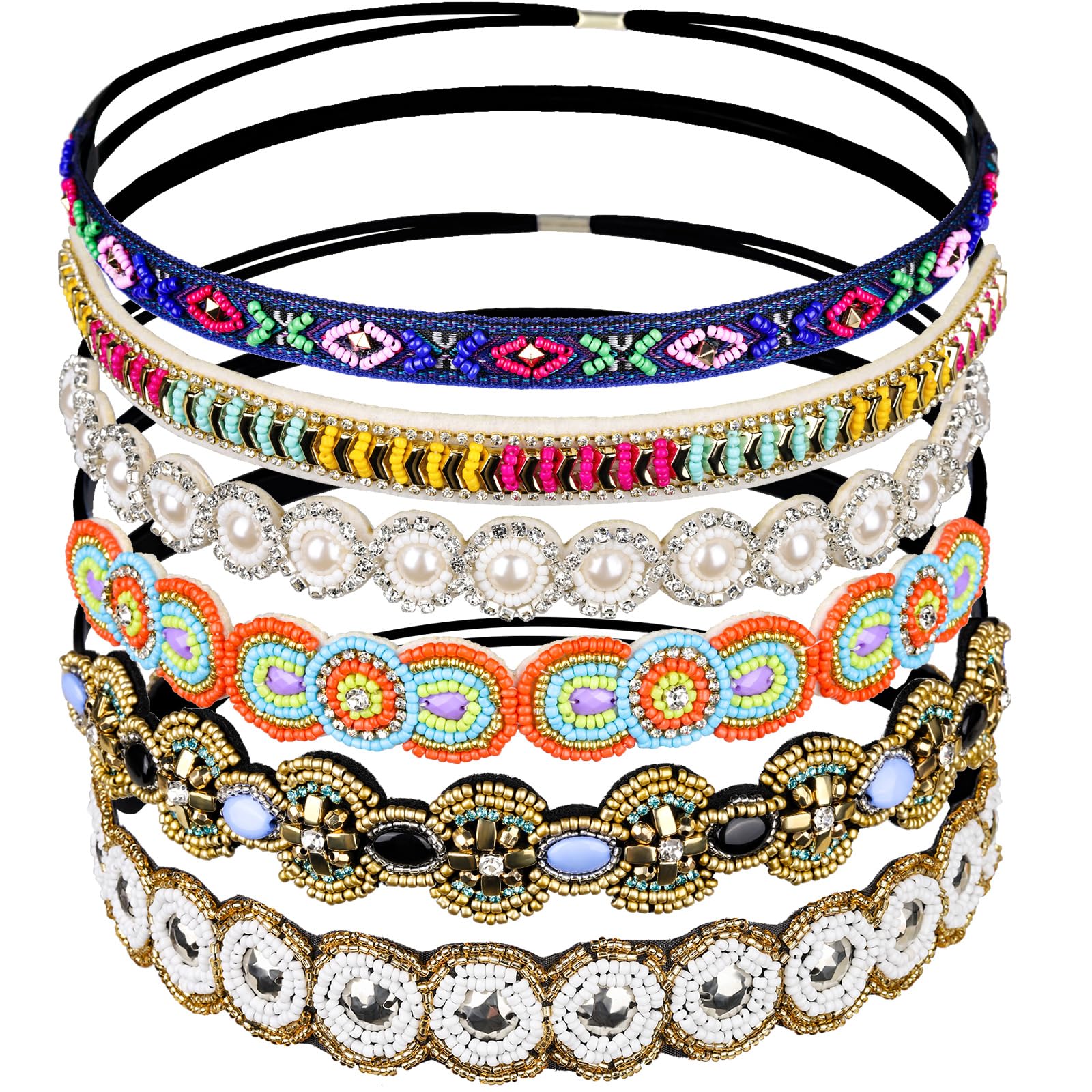 Teenitor 6-Pack Elastic Rhinestone Beaded Headbands for Women - Handmade Vintage Hair Accessories (20-26.8 Inch, Multicolor) | Perfect for Weddings, Parties & Everyday Fashion