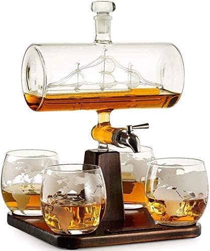 HAOLI Antique Boat-Shaped Glass Decanter Set - 1 Decanter, 1 Bracket & 4 Cups (5-Piece) for Wine & Whiskey | Elegant Home Bar Accessories for Entertaining & Gifting