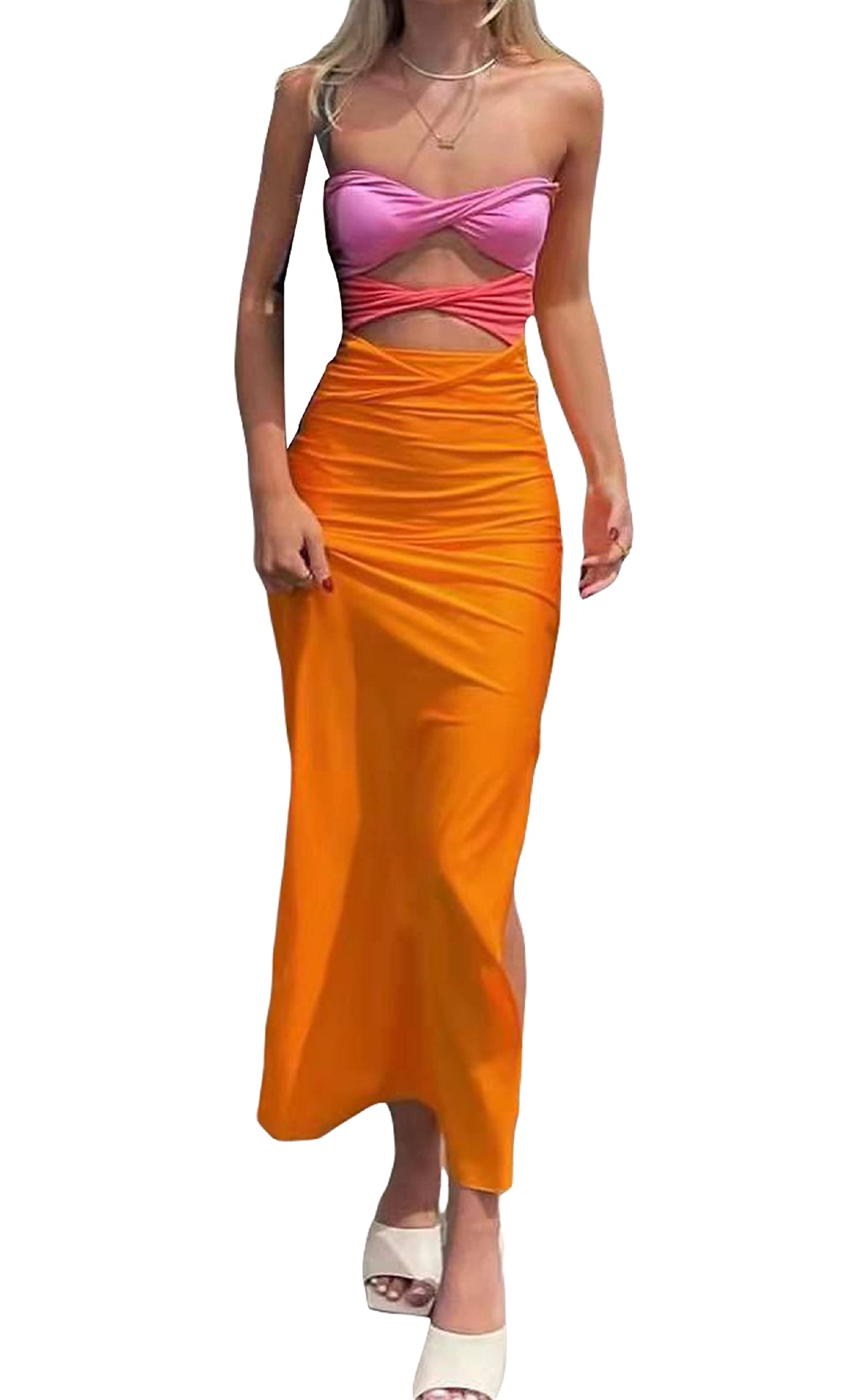 Women's Newspaper Print Tube Midi Dress - Hollow Out Off Shoulder Bodycon Maxi Dress Strapless Sexy Clubwear for Night Out & Summer Party