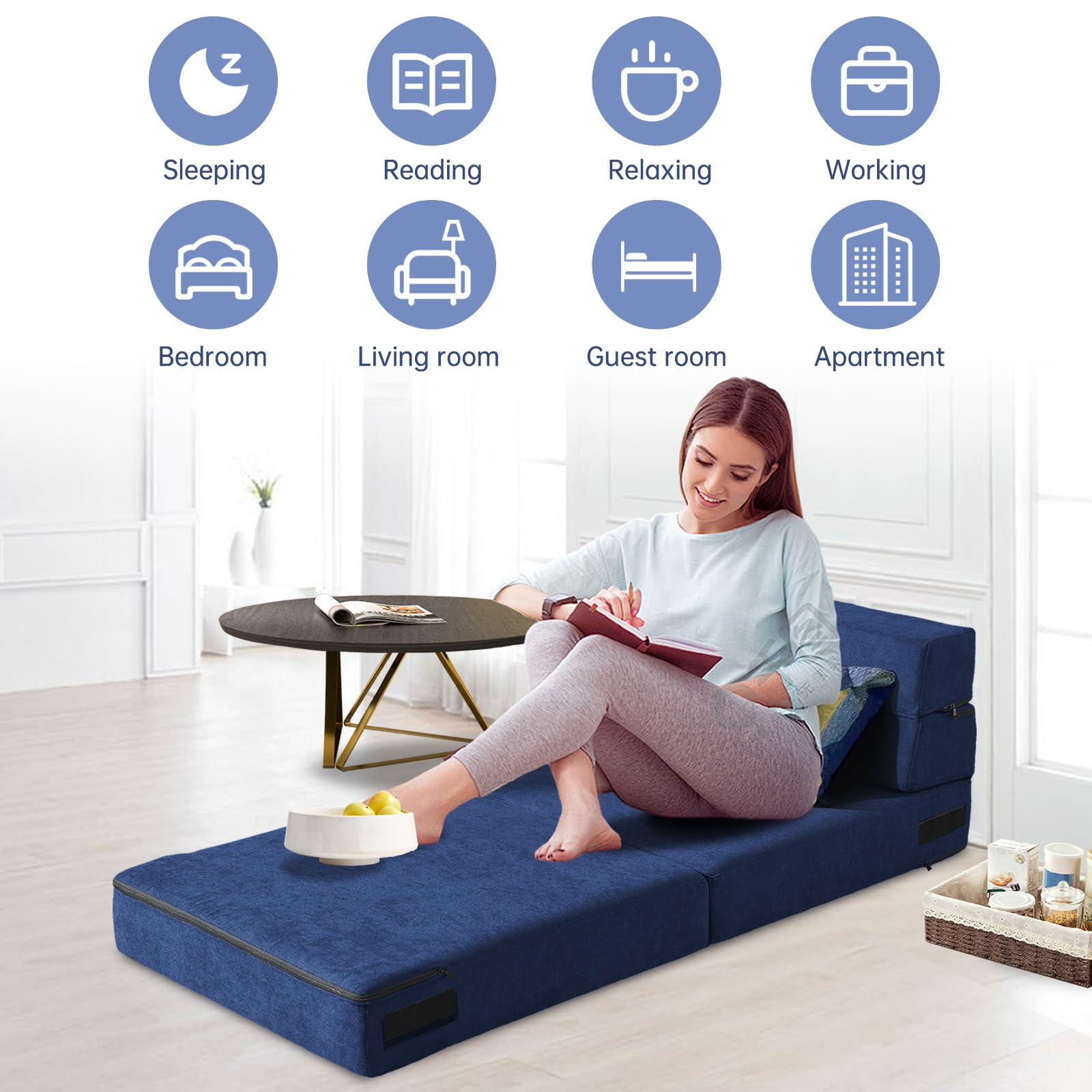 Convertible Folding Sofa Bed with Memory Foam Pillow - Single Size Dark Blue Sleeper Chair for Living Room, Home Office, Guest Bed & Small Spaces - Perfect for Apartments, Lofts and Overnight Guests