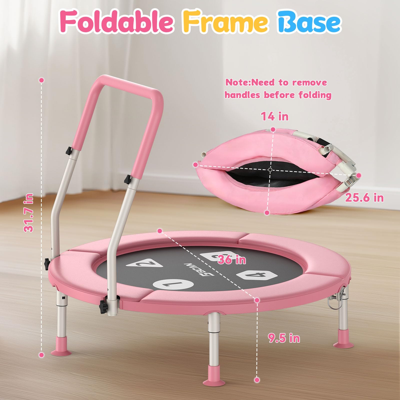 BCAN 36'' Foldable Toddler Trampoline with Adjustable Handle - Safe Mini Trampoline for Kids Ages 1-6 - Indoor/Outdoor Baby Jumping Toy with Safety Pad & Foldable Legs - Perfect Gift for Boys & Girls - Ideal for Playrooms, Backyards & Birthday Parties