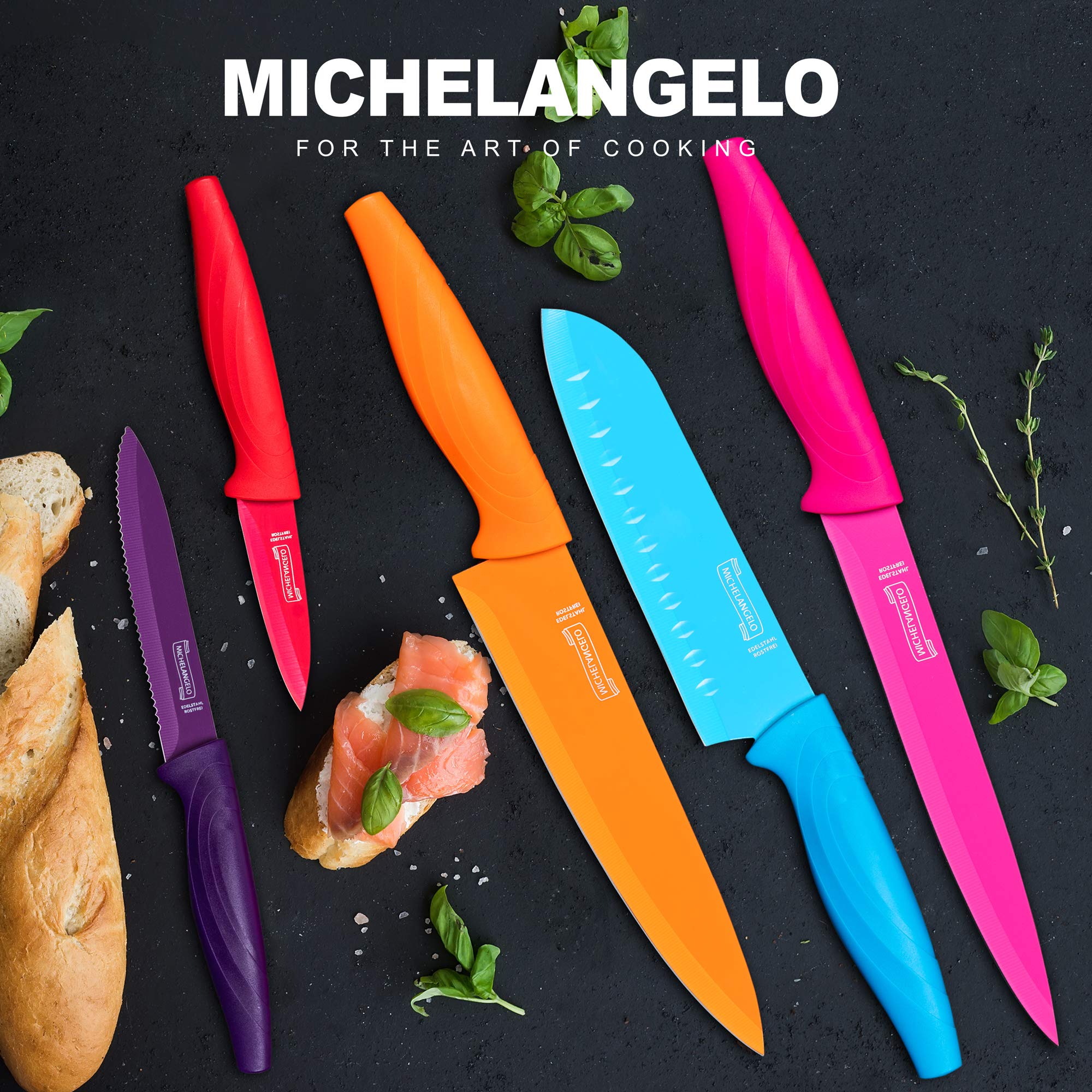 MICHELANGELO 10-Piece Rainbow Kitchen Knife Set - Stainless Steel Sharp Knives with 5 Colorful Blades & 5 Protective Sheath Covers - Perfect for Home Cooking, Professional Chefs & Gift Giving