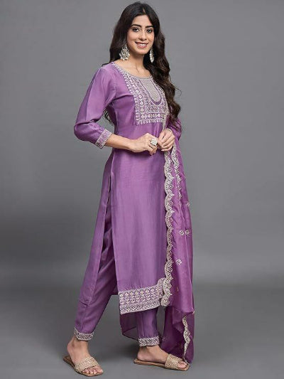 Lavender Embroidered Suit Set with Organza Dupatta - Elegant Indian Ethnic Wear for Weddings, Parties & Special Occasions