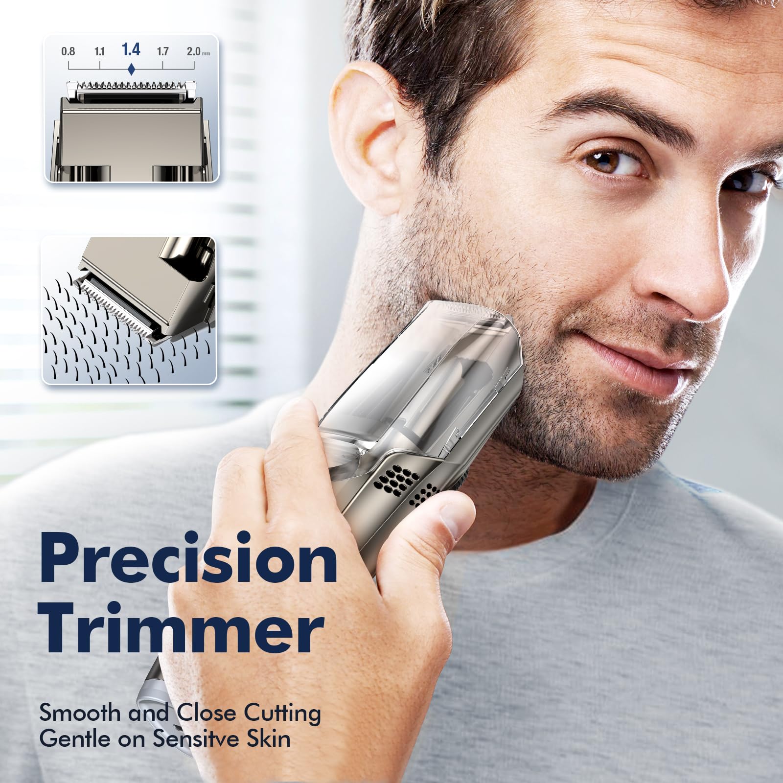 **Upgraded Men's Vacuum Beard Trimmer - Adjustable Length with 2 Combs, Electric Shaver for Beard, Mustache & Stubble, Waterproof & Easy Rinse, High Precision Blades for Smooth Skin Fit - Perfect for Travel, Home & Gym Use**