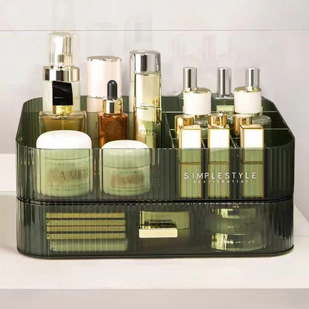 MIUOPUR Stackable Makeup Organizer with Drawers - Bathroom Vanity Storage for Cosmetics, Skincare, Lipsticks & Nail Care - Perfect for Desk, Dresser & Countertop Organization - Green