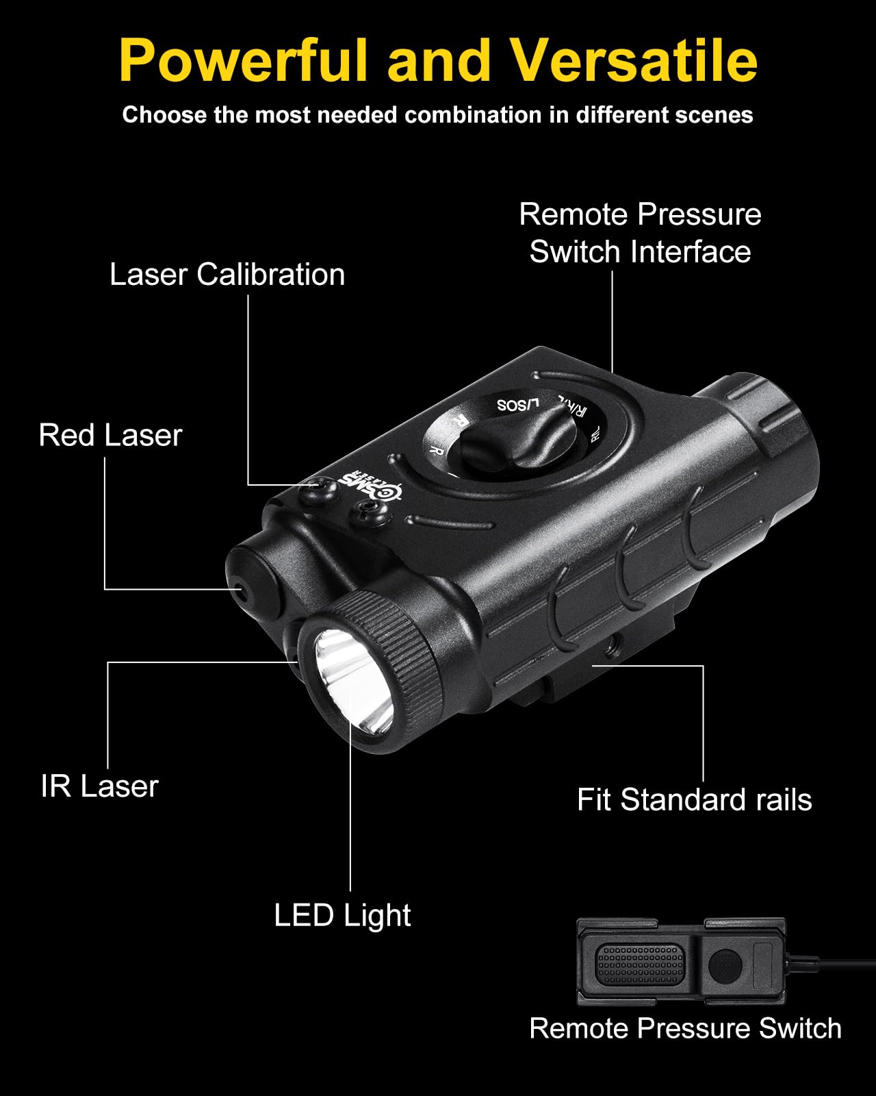 1200 Lumens Tactical LED Flashlight with IR & Red Laser Sight Combo - Remote Pressure Switch, Picatinny/M-LOK Rail Compatible - Built-in 3000mAh Rechargeable Battery - Perfect for Hunting, Camping & Home Defense