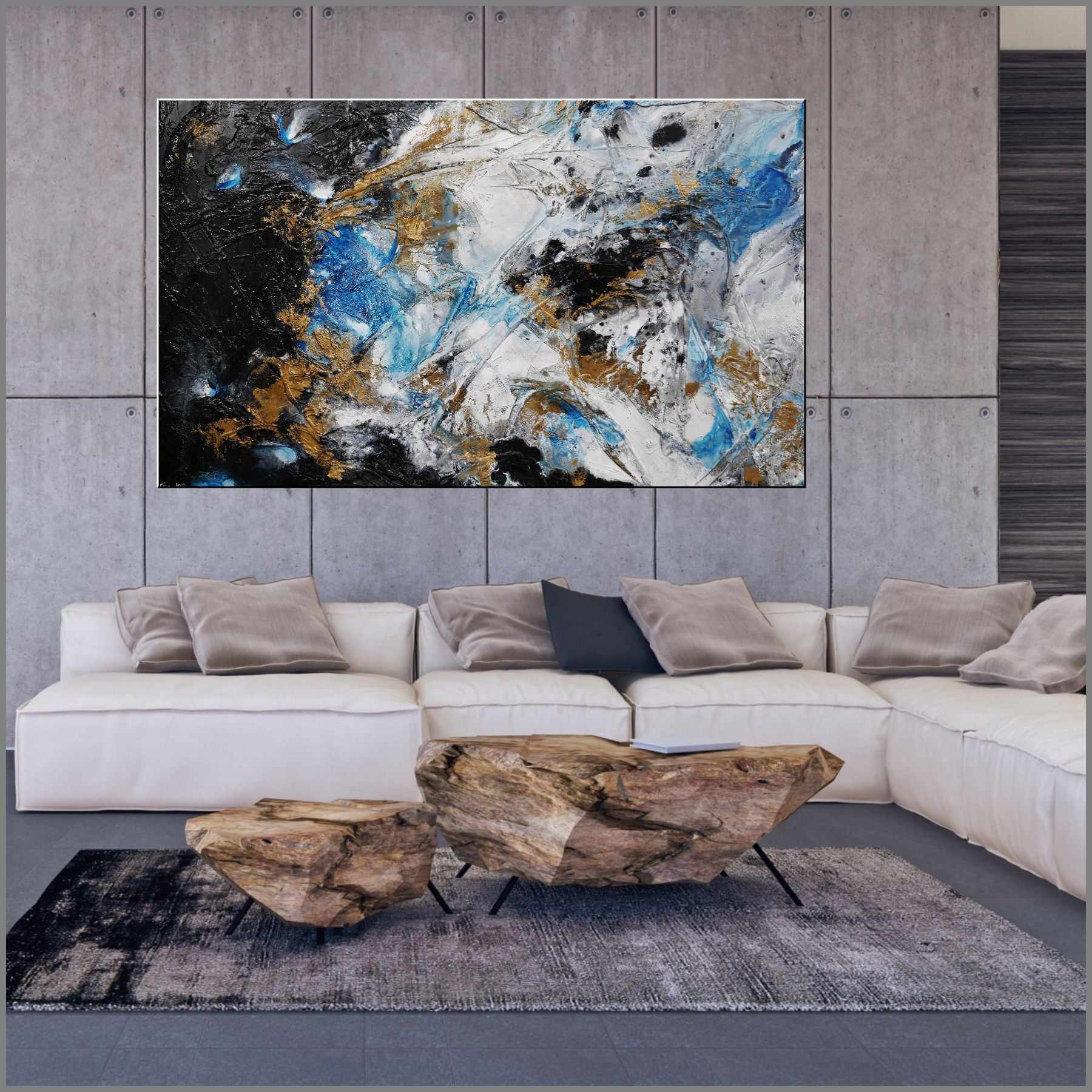 Blue Black Textured Abstract Painting - Cobalt Sunrise 250cm x 150cm Modern Wall Art for Living Room, Bedroom & Office Decor