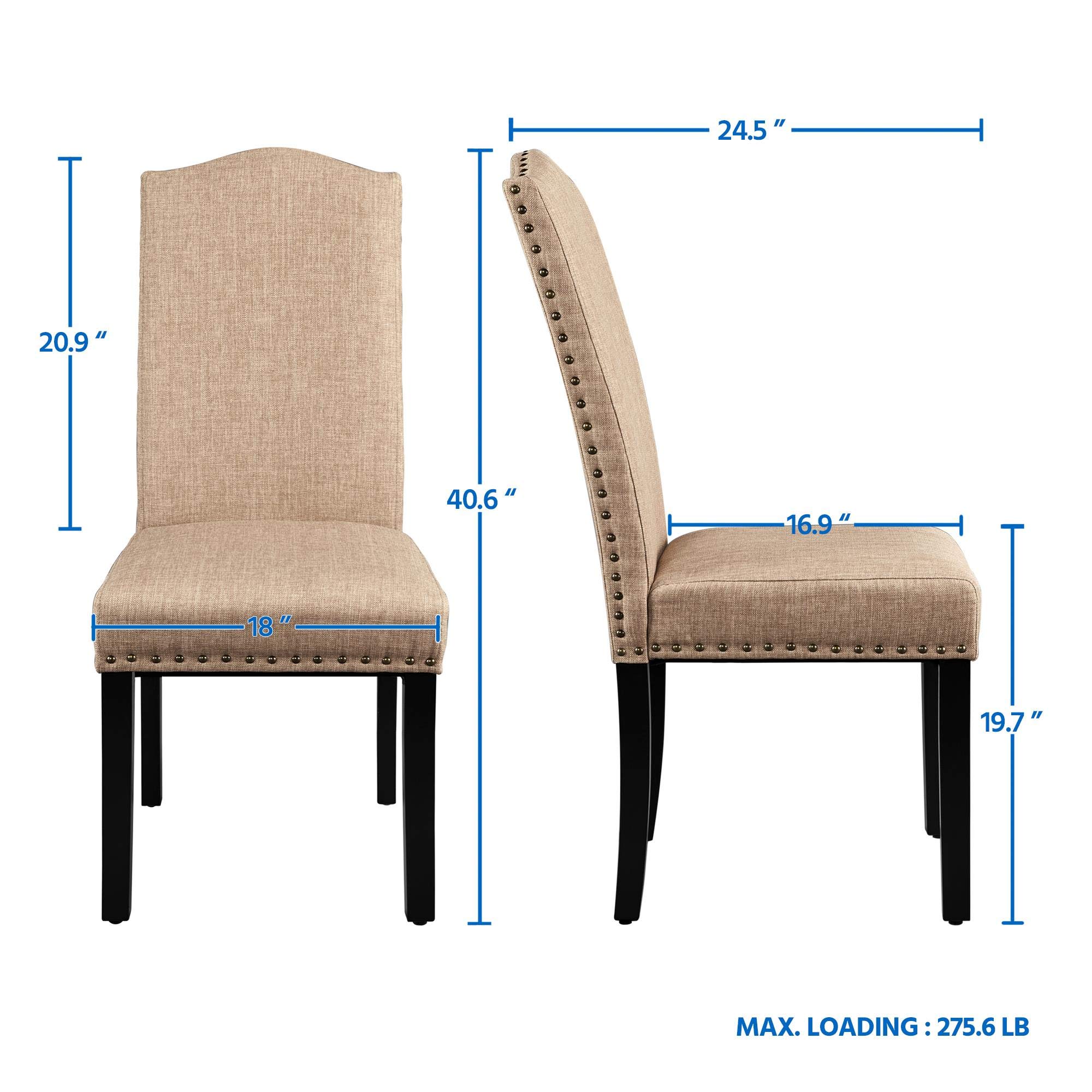 Premium Fabric Upholstered Parson Dining Chairs Set of 2 - Classic Style with Rubber Wood Legs & Leather Cushion for Kitchen, Dining Room, Living Room or Hotel | Comfortable Seating for Family Gatherings & Dinner Parties (Khaki)