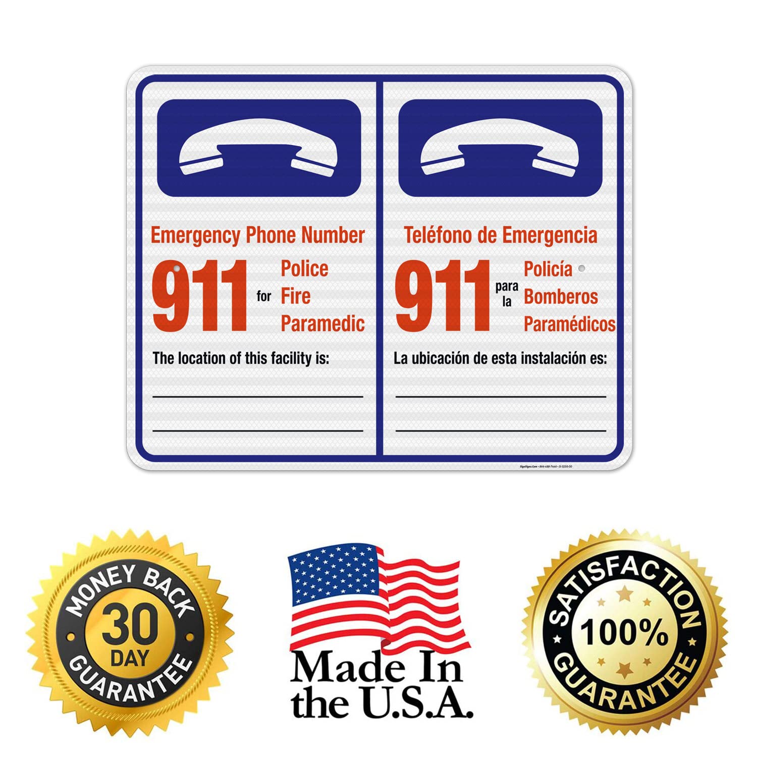 Pool Emergency Phone Number Sign - Bilingual English/Spanish - 24x30 Inches - 3M EGP Reflective .080 Aluminum - Fade Resistant - Made in USA - Perfect for Public Pools, Water Parks & Community Swimming Areas