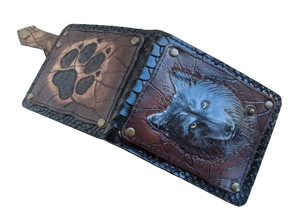 **Wolf Claw 3D Genuine Leather Wallet for Men – Handmade Carved & Tooled Bifold Wallet with Gray Wolf Footprint Airbrush Art – Custom Personalized Gift for Outdoor Enthusiasts & Nature Lovers**