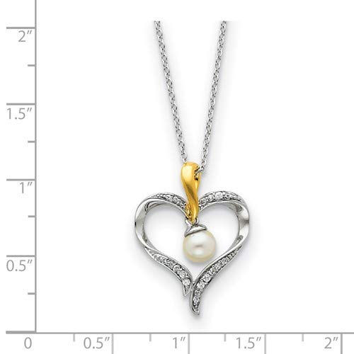 Freshwater Cultured Pearl & CZ Heart and Soul Pendant Necklace - Gold Plated & Rhodium Plated Sterling Silver, 18