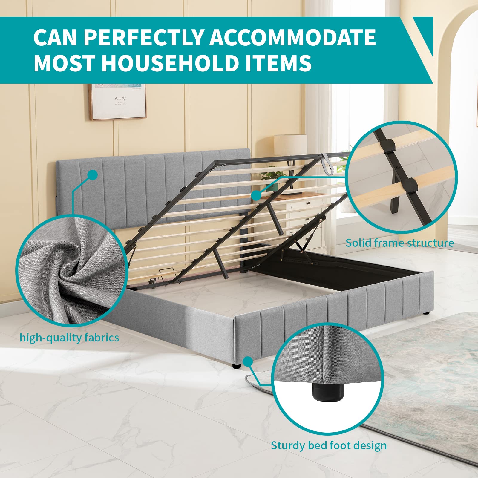 BALUS Queen Bed Frame with Storage - Hydraulic Lifting Platform Bed with Upholstered Wingback Headboard, Modern Floating Cloud Bed Frame (No Box Spring Needed) - Perfect for Small Bedrooms, Guest Rooms & Apartment Living