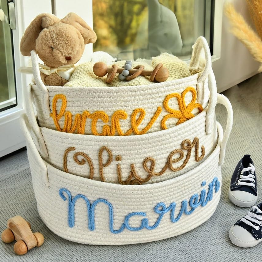 Personalized Baby Shower Gift Basket - Handmade Cotton Rope Storage Bin with Handles for Nursery Organization | Cute Woven Baby Essentials Organizer | Perfect for Newborn Gifts, Nursery Decor & Baby Shower Favors