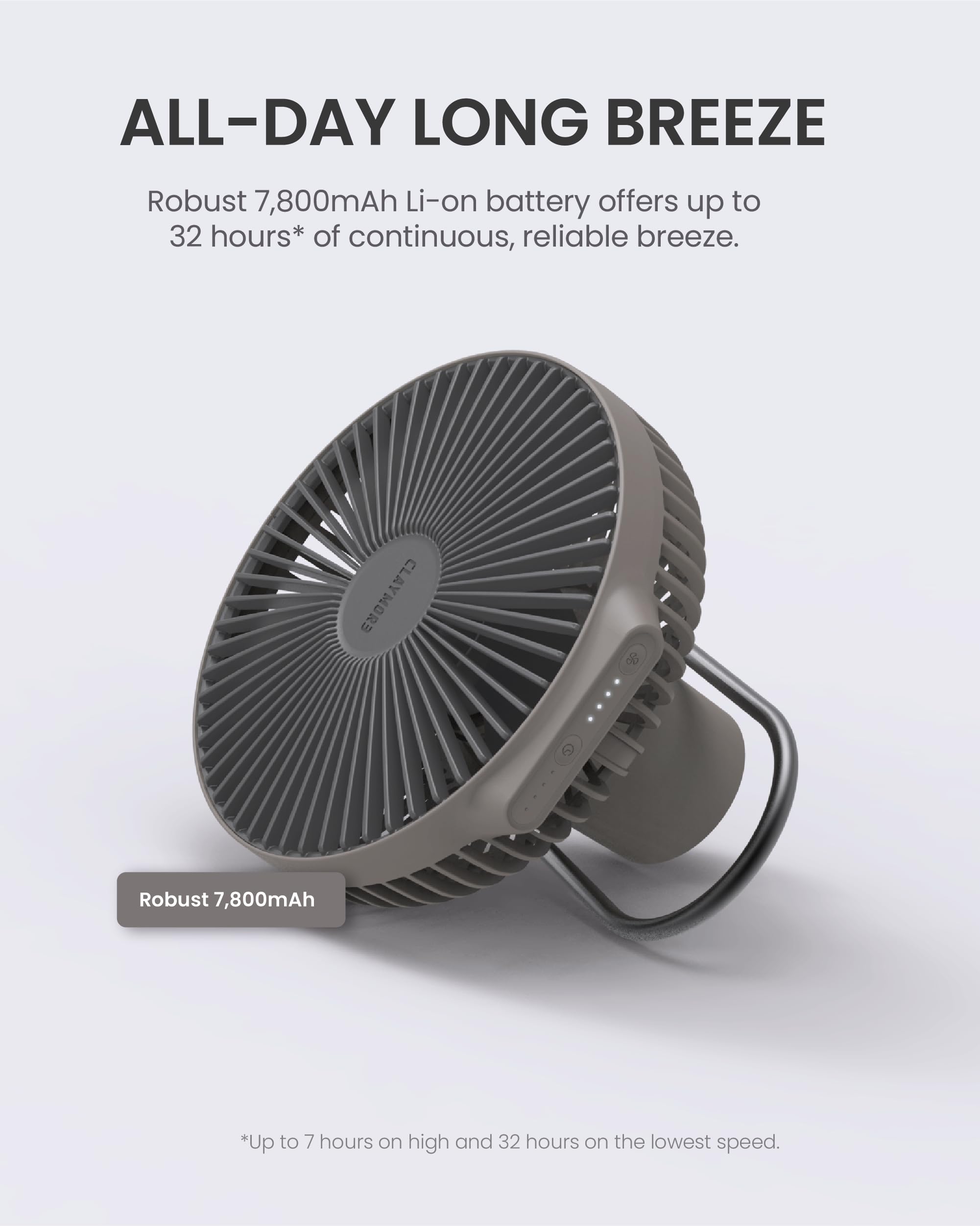 Claymore V600+ Portable Fan - Super Quiet USB-C Rechargeable Desk & Table Fan with Long-Lasting Battery | Perfect for Home Office, Bedroom, Outdoor Camping & Travel | Includes Storage Case (Warm Gray)