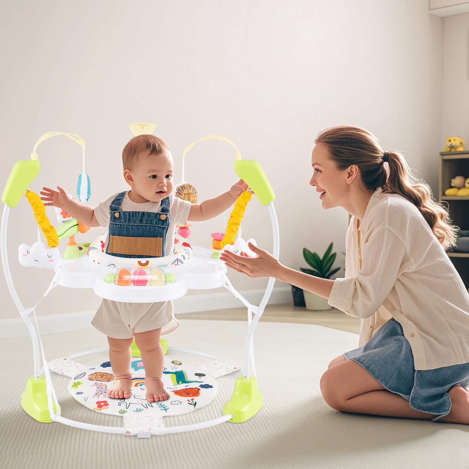HONEY JOY Baby Bouncer Activity Center - 360° Rotating Jumperoo with Music, Lights & Developmental Toys | 3 Adjustable Heights for Infants 6-12 Months | Interactive Play Mat & Sound Effects | Perfect for Playtime, Learning & Motor Skill Development (Yellow)
