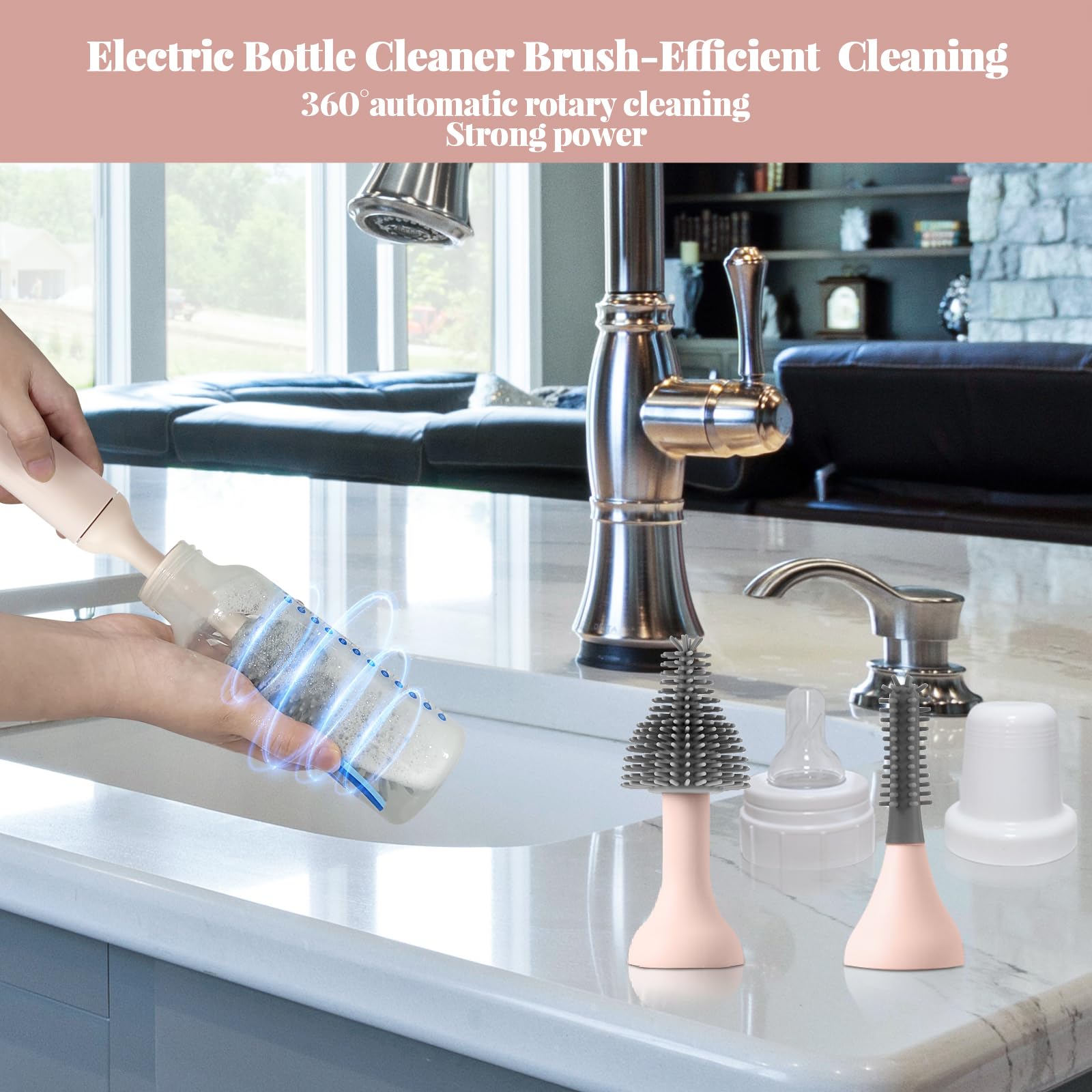 USB Rechargeable Electric Cleaning Brush Set - 3 Replaceable Silicone Bottle Brushes & Straw Cleaner - Perfect for Baby Bottles, Kitchenware & Travel Mugs (Pink) | Ideal for New Parents, Home Cleaning & Dishwashing
