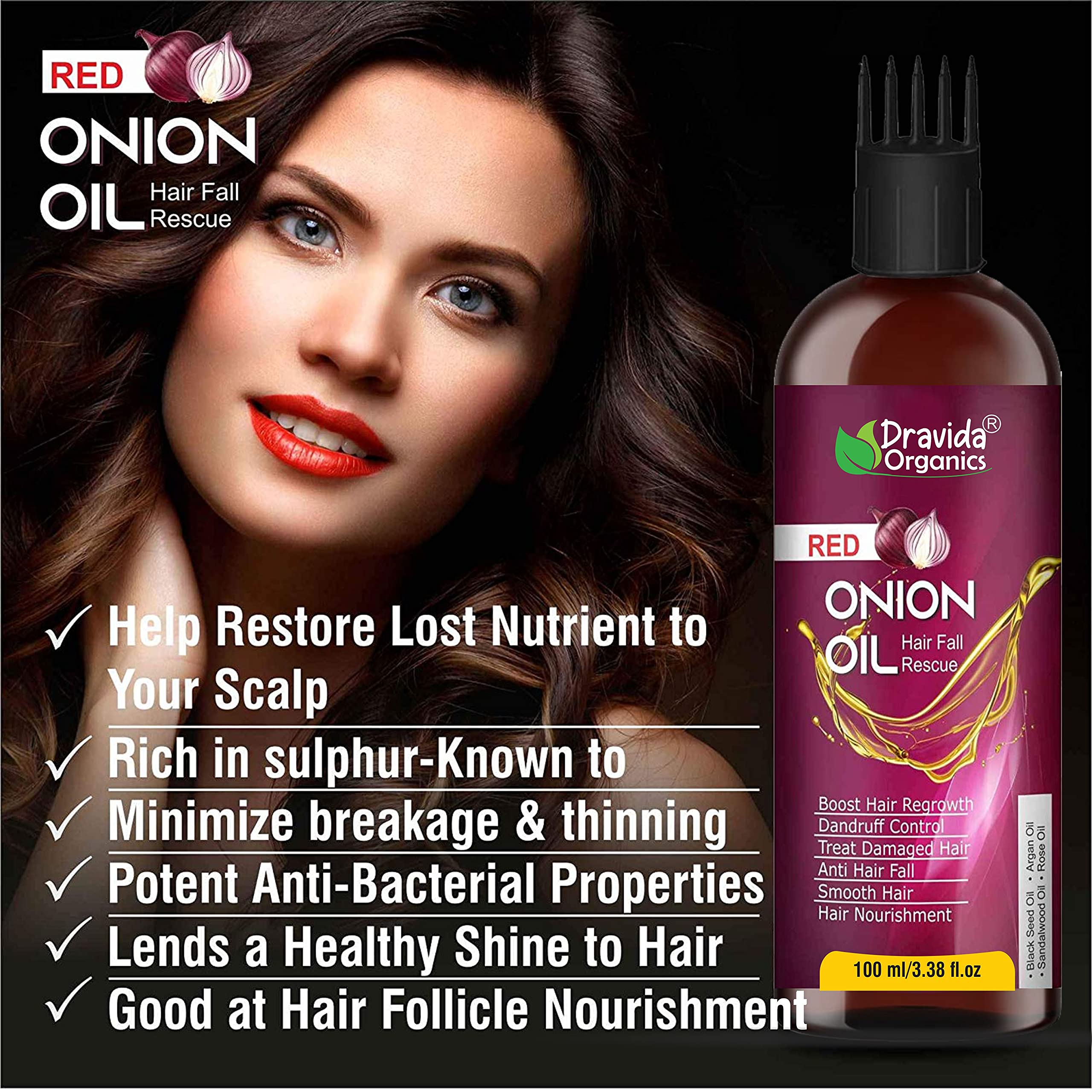 Dravida Organics Onion Black Seed Hair Oil with Comb Applicator - Natural Hair Growth Treatment for Hair Fall Control - Sulfate Free, Mineral Oil Free, Silicone Free (100ml) - Perfect for Daily Hair Care & Scalp Massage