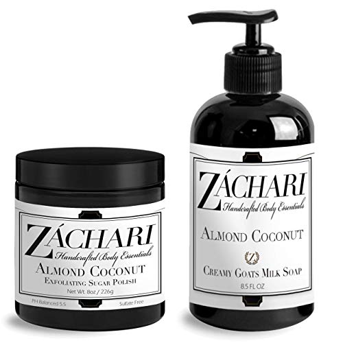 Zachari 8.5 oz Goat Milk Soap with Almond & Coconut + 8 oz Body Scrub Set - Natural Skincare Gift for Dry, Sensitive Skin - Perfect for Shower, Bath & Spa Relaxation