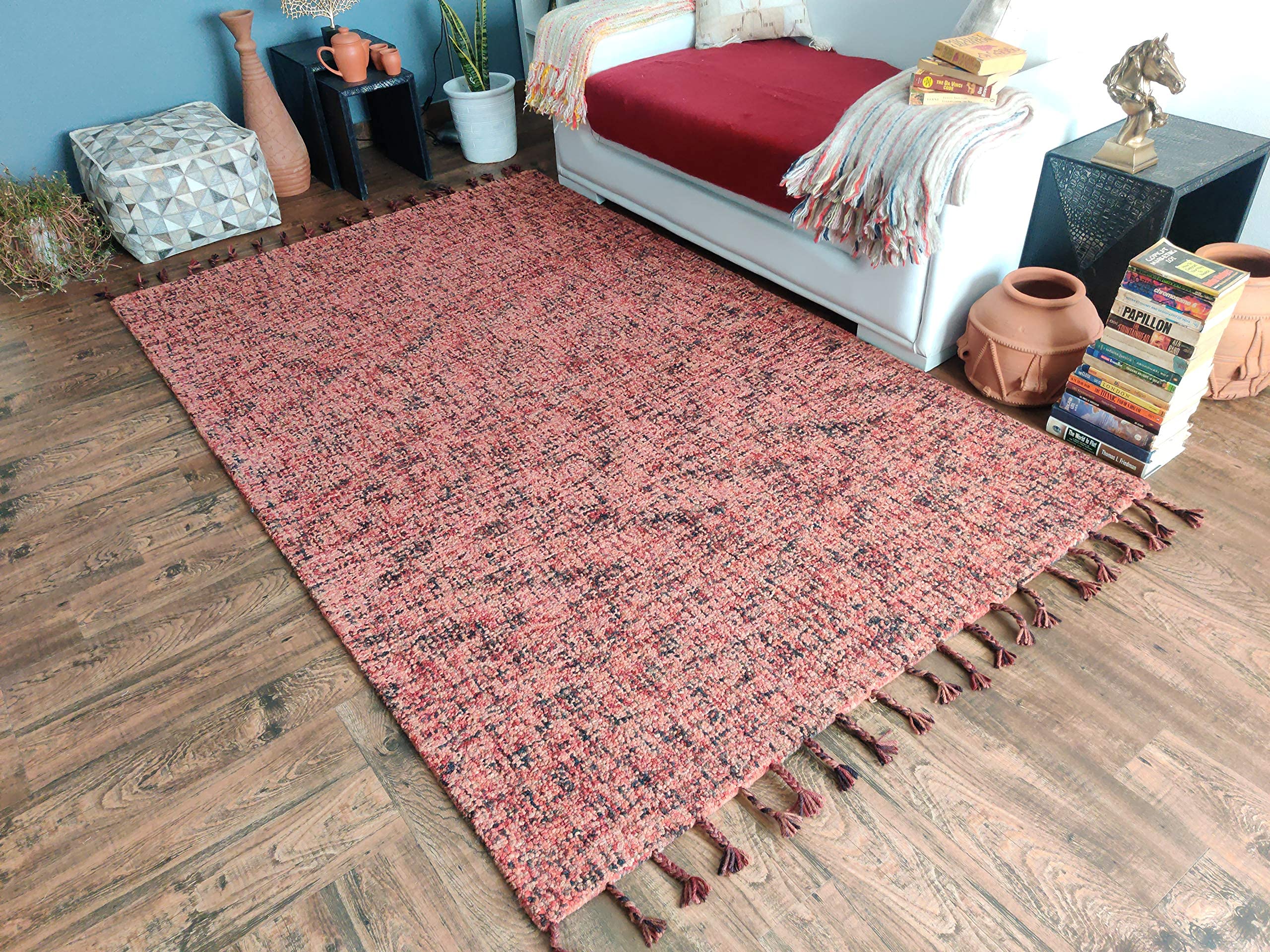 Handmade Nomad Wine Wool Natural Fiber Carpet - Easy Maintenance, Non-Slip Living Room Rug, Bedroom Floor Mat, Family Room Decor (5' x 8') - Perfect for Cozy Home, Boho Chic Interior & Guest Room Accent