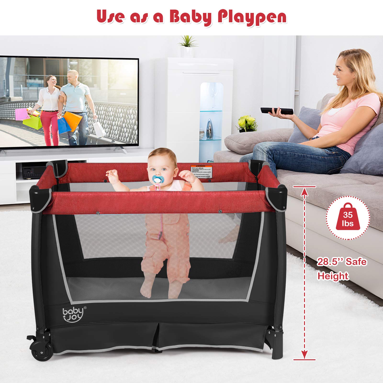 BABY JOY 4-in-1 Portable Playard with Bassinet, Changing Table & Activity Center - Baby Nursery Playpen with Music, Toys & Storage Bag for Newborns & Toddlers (Rose, Classic) - Perfect for Home, Travel & Daycare Use