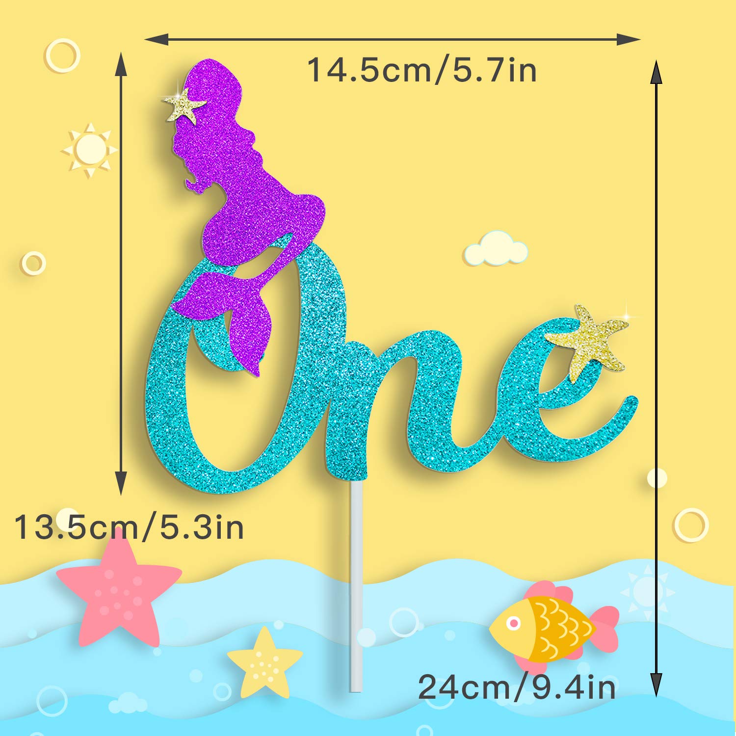 Blue Sea Gold Glitter Mermaid Cake Topper - Under The Ocean Theme Birthday Party Decor for 1st Birthday, Baby Shower & Wedding - Perfect for Cake Decorations, Dessert Table Displays & Underwater Party Photo Props