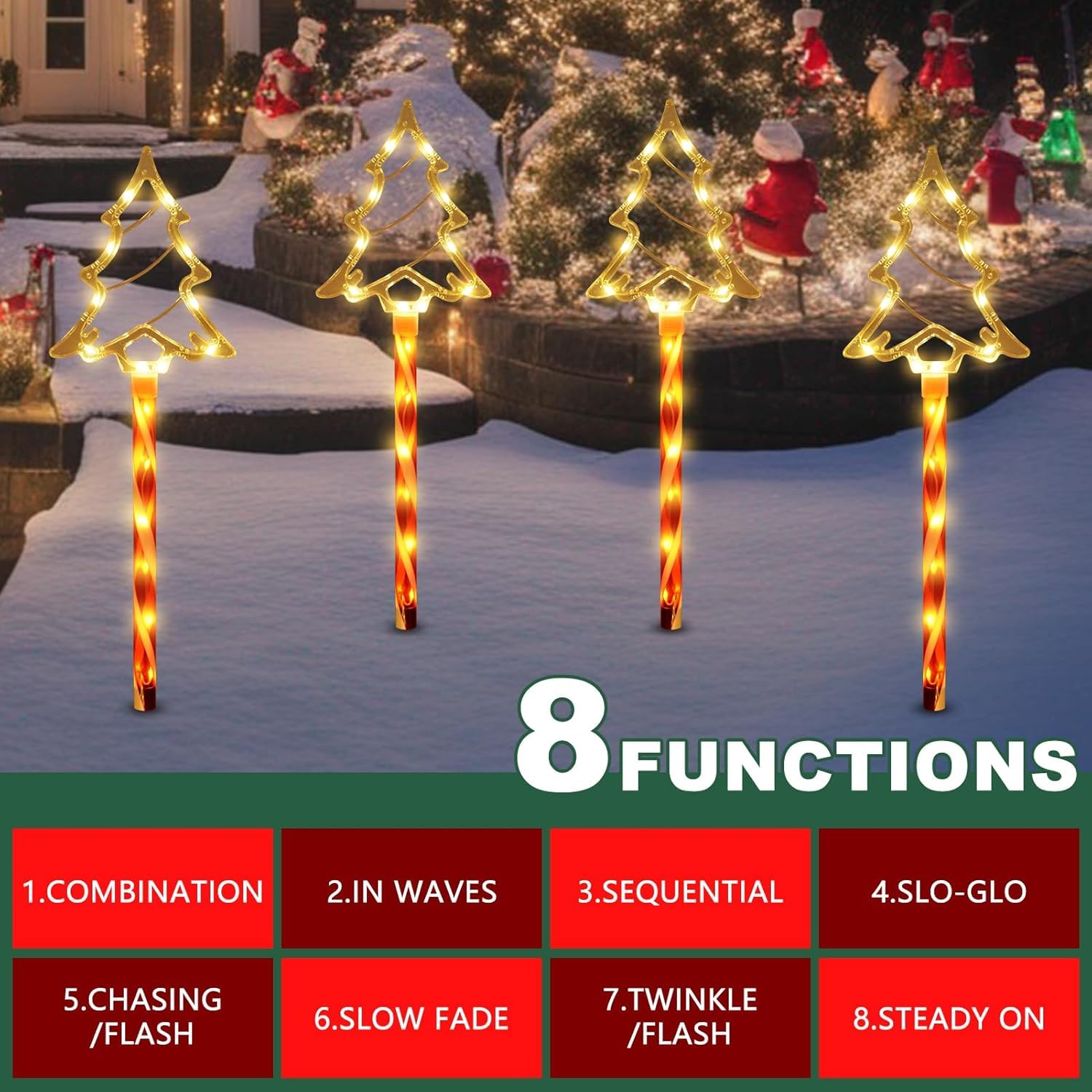 Solar Powered Christmas Pathway Lights - 4 Pack Waterproof Outdoor Candy Cane Tree Decorations for Garden, Yard, Patio | Perfect for Holiday Lawn Decorations & Winter Festival Lighting