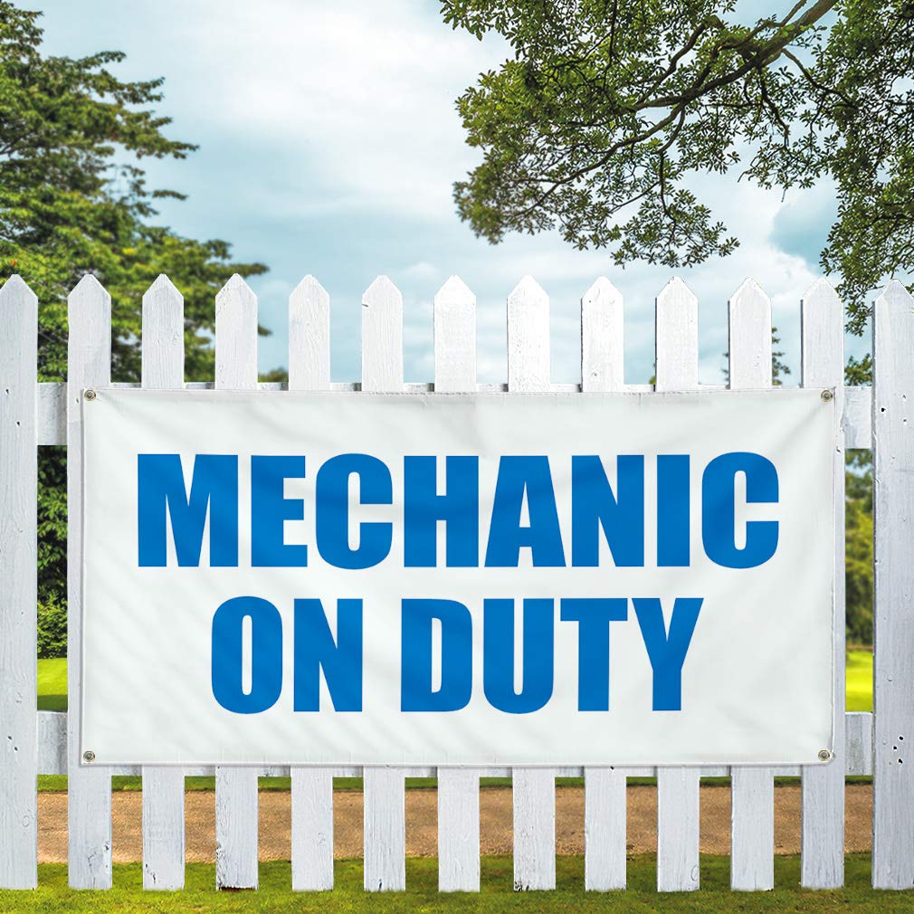 Vinyl Banner - Mechanic on Duty Business Sign - Weatherproof, Industrial, Outdoor Use - Multiple Sizes (48x96 Inches) with 8 Grommets - Perfect for Auto Shops, Construction Sites & Yard Safety Signs