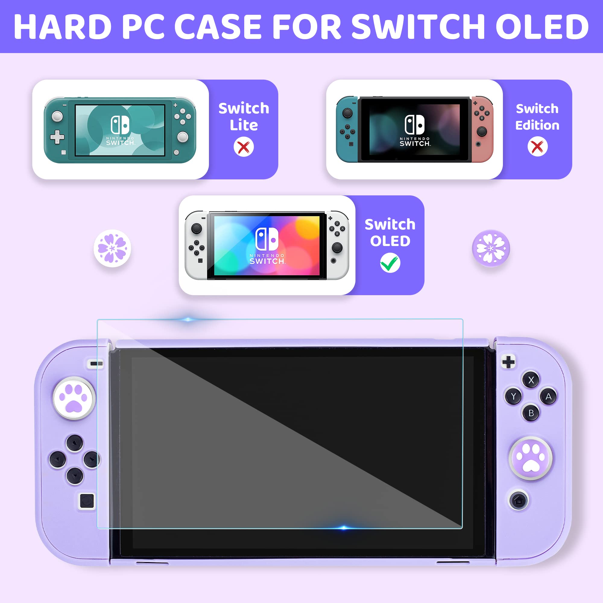 9-in-1 Nintendo Switch OLED Carrying Case Set - GLDRAM Protective Travel Case with Hard PC Cover, Tempered Glass Screen Protector, Thumb Grip Caps, Wrist Strap & Adjustable Shoulder Strap for Girls (Purple) - Perfect for Travel, Commuting & Gaming On-The-Go