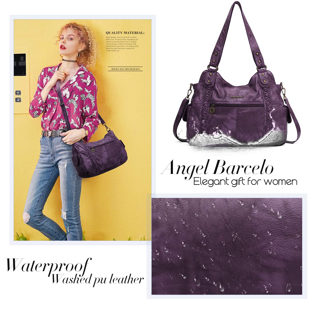 Angel Barcelo Women's Leather Hobo Handbag - Roomy Fashion Shoulder Purse & Satchel Tote Bag (Washed Leather) - Perfect for Work, Travel & Everyday Use