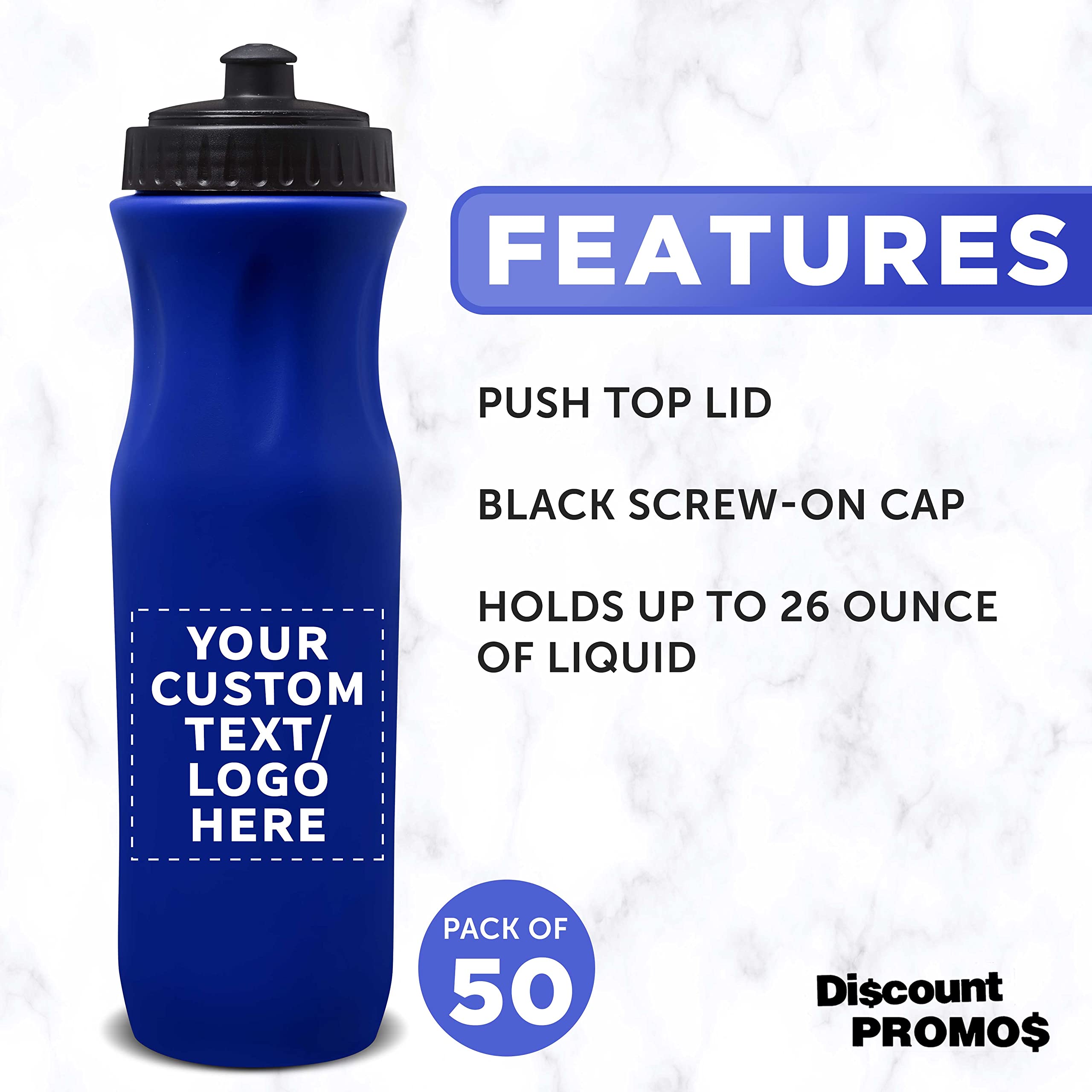 50 Pack 26 oz Customizable Plastic Water Bottles with Black Push Top Lid - Bulk Reusable Water Bottles for Sports, Gym, School & Office - Blue