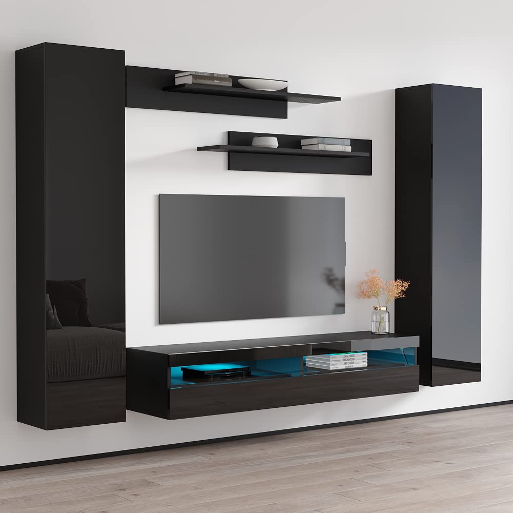 Modern Floating TV Stand with Storage & LED Lights - Wall-Mounted Entertainment Center for Living Room & Bedroom - 35 Inch TV Console with Shelves - Black - Perfect for Small Spaces & Home Theater Setup