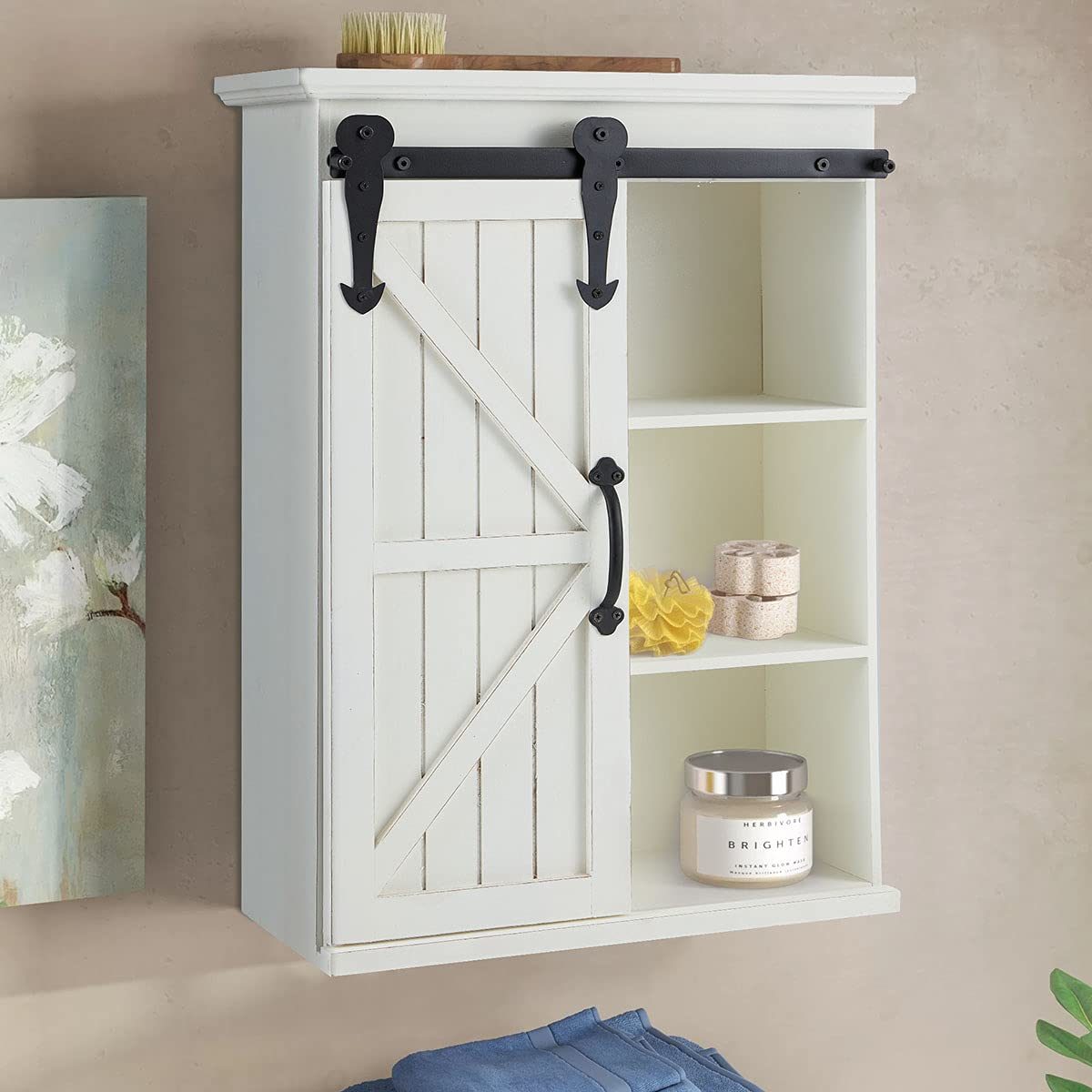 YOLENY 3-Tier Wood Bathroom Wall Cabinet with Sliding Barn Door - Modern Farmhouse Storage Organizer in Rustic White | Perfect for Bathroom, Bedroom & Farmhouse Decor