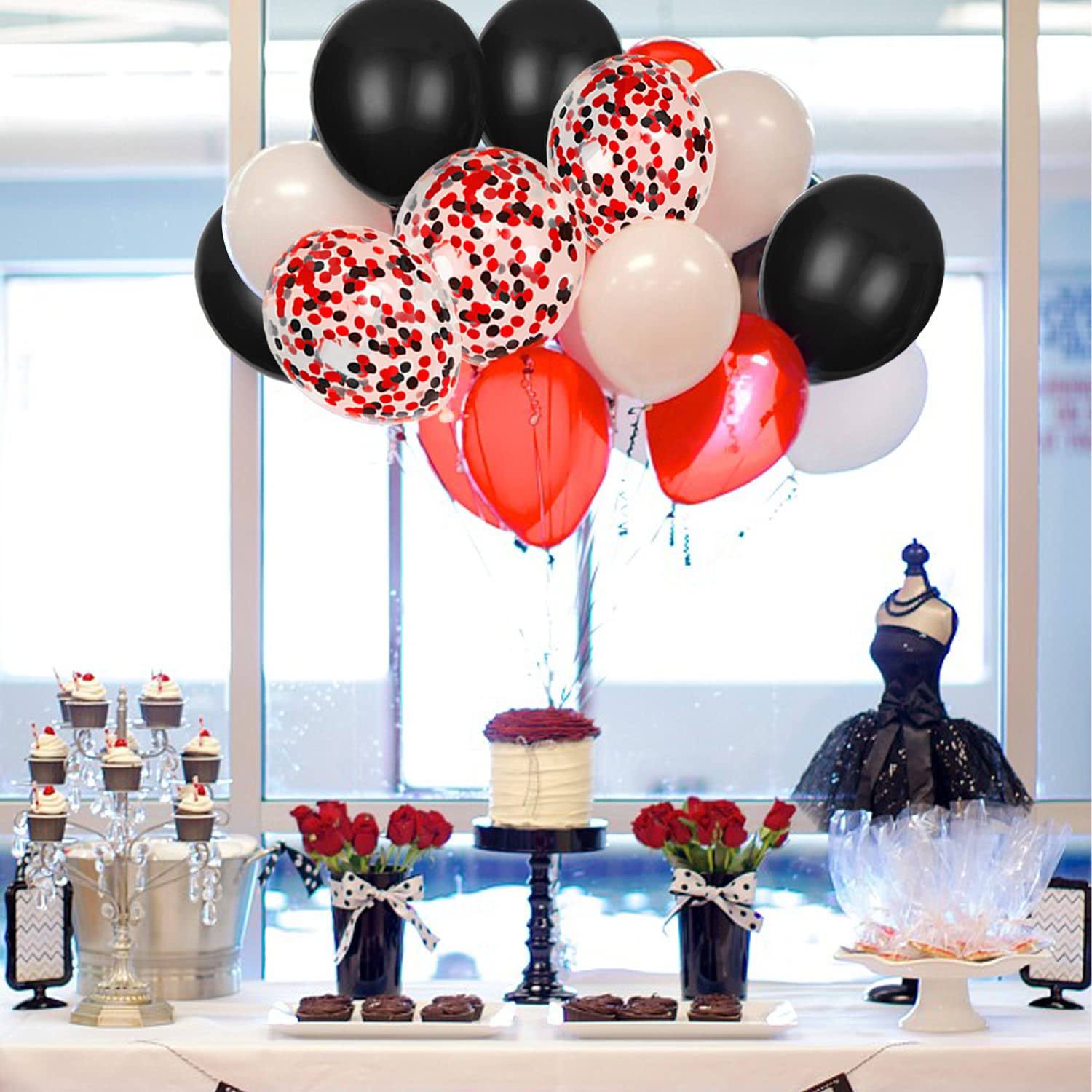 JOYYPOP 80Pcs Red White & Black Latex Balloons with Confetti - Graduation, Casino, Race Car Party Decorations | Perfect for Poker Night, Birthday Celebrations & Themed Events
