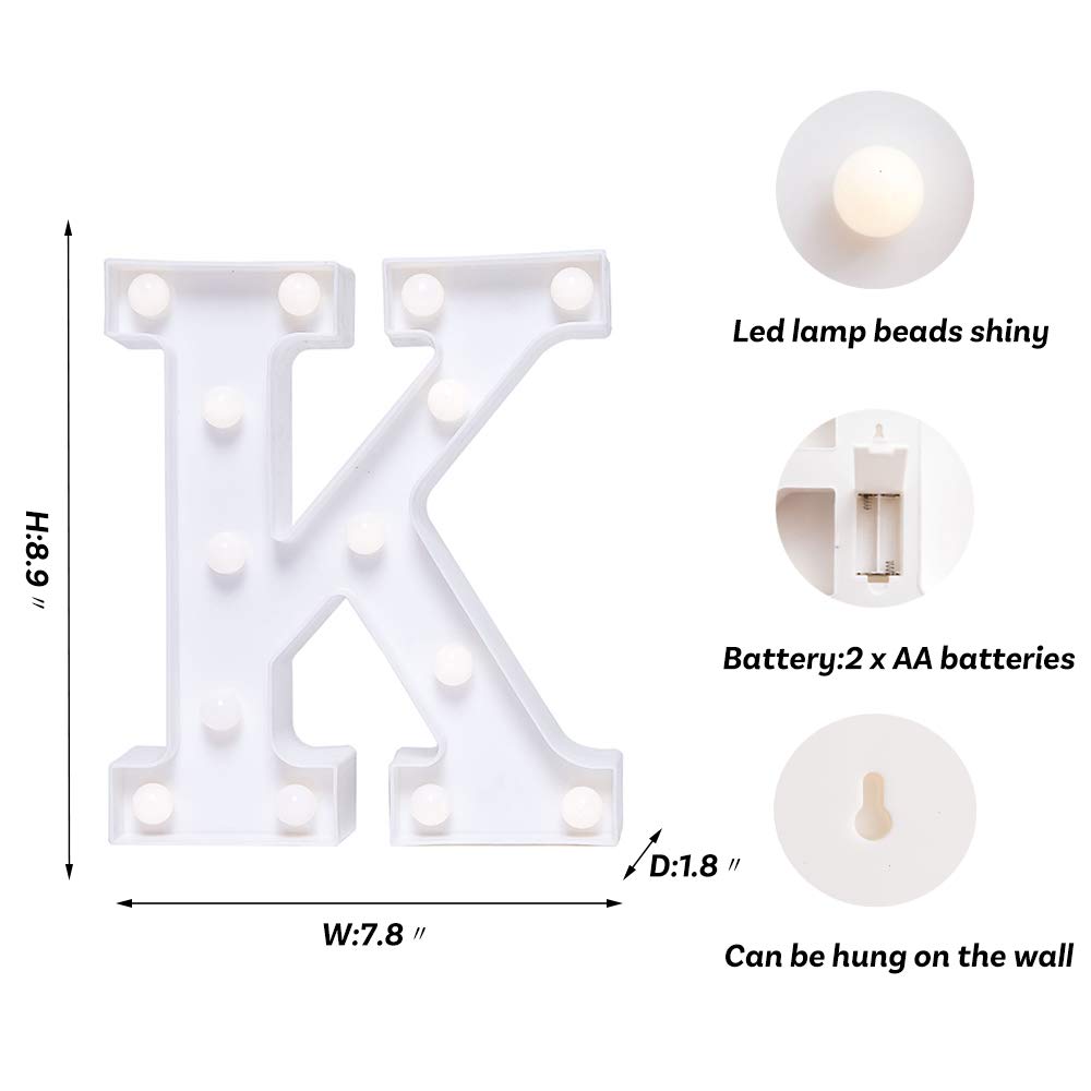 LED Letter Lights - Battery Powered Light Up Sign Letters for Home Decor, Wedding, Birthday Party & Christmas (Letter K) - Perfect for Night Lights, Bar Decor & Festive Celebrations