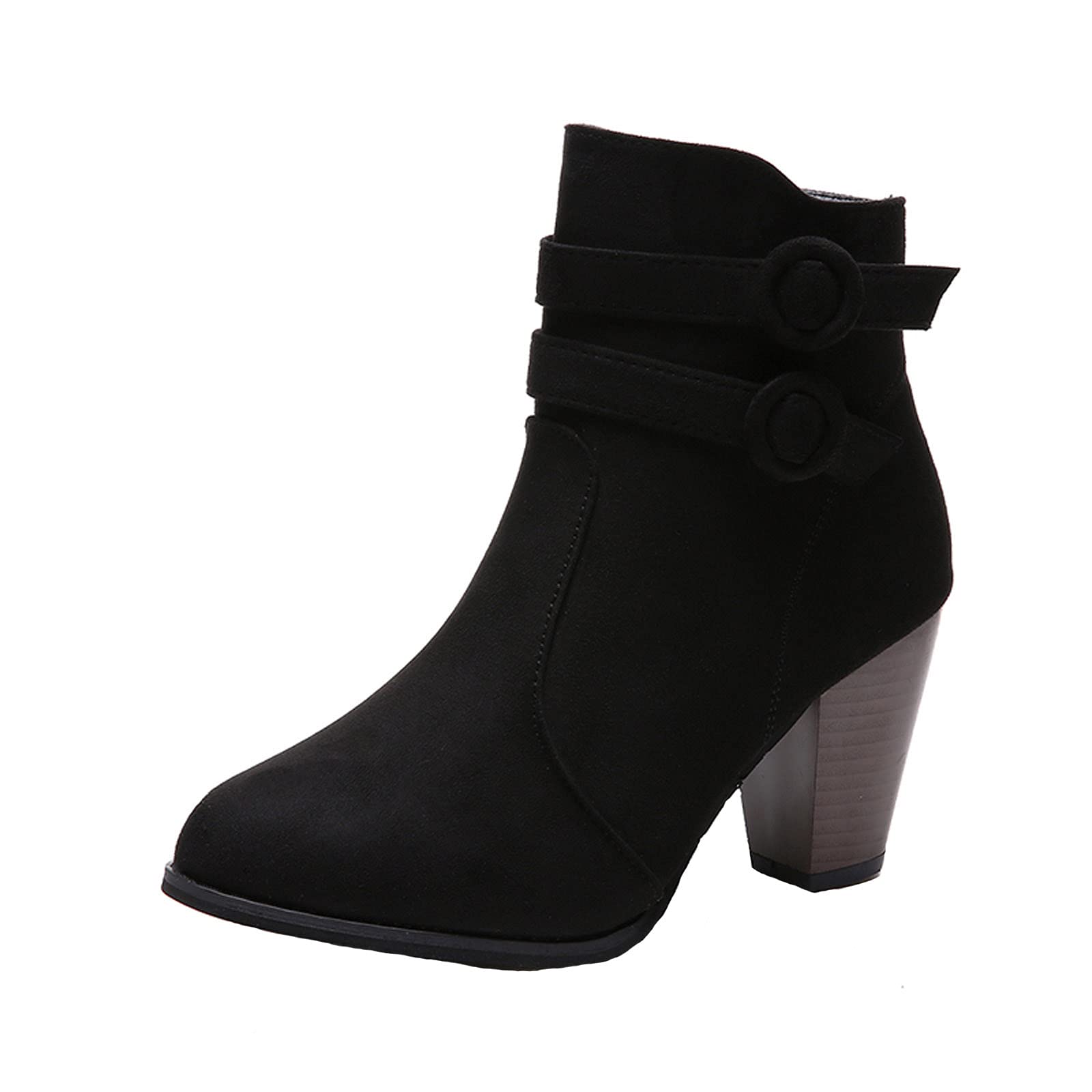 Women's Vintage Suede Ankle Boots - Chunky High Heel Pointed Toe Booties with Buckle Strap | Dress Boots for Fall Winter Fashion, Office Wear & Night Out