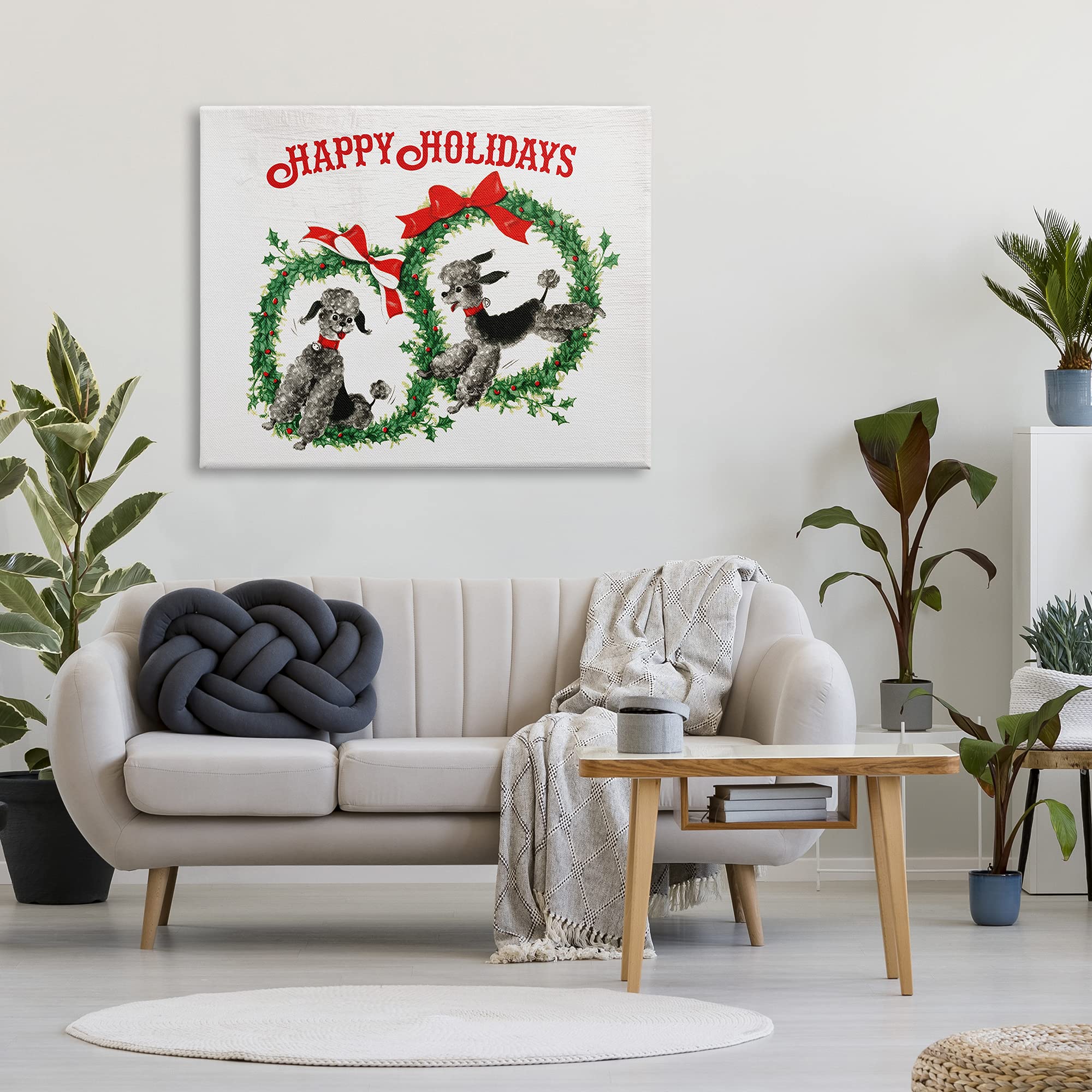 Stupell Industries Festive Toy Poodle Wreath Canvas Wall Art - 'Happy Holidays' Design by Daphne Polselli - 36