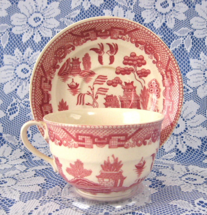 Vintage Ridgway England Willow Red Transferware Cup and Saucer Set - Classic 1890s Floral Tea Cup for Afternoon Tea, Collectible Antique English China