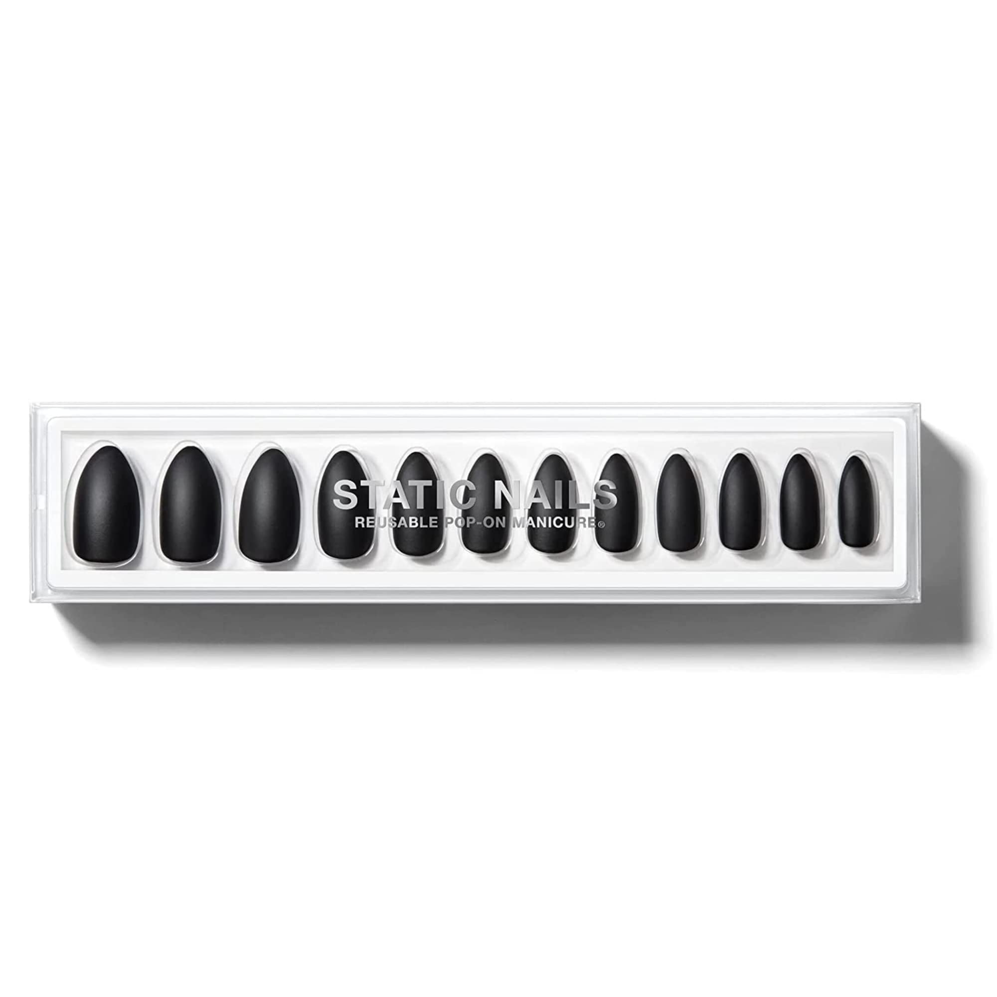 Static Nails Reusable Pop-On Manicure Set - Caviar | Solid Black Almond False Nails | Long Press On Nails Kit with Glue | Salon Quality Non-Damaging Acrylic Fake Nails for Women | Perfect for Parties, Weddings & Everyday Glam