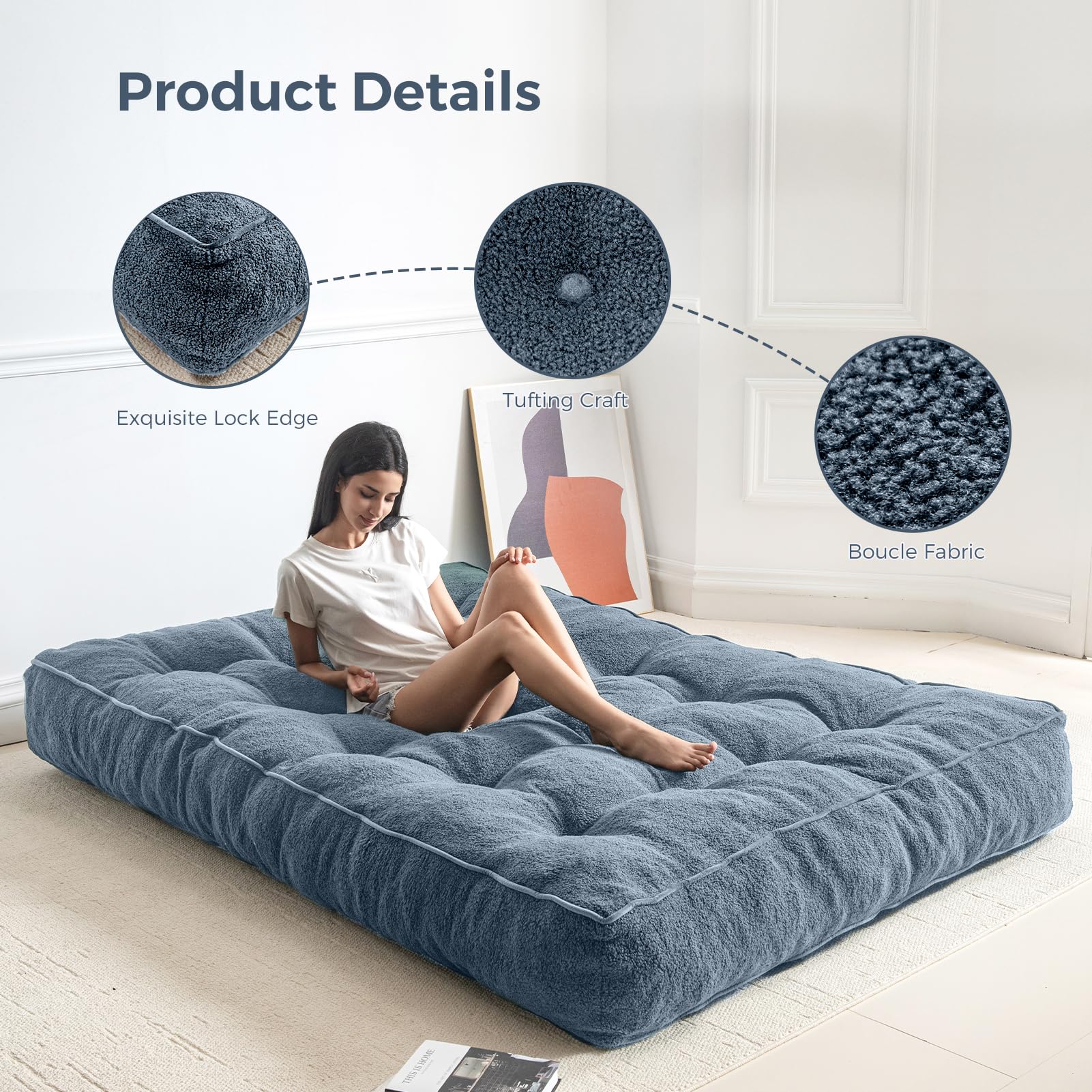 MAXYOYO 8 Inch Tufted Futon Sofa Couch Bed - Thick Boucle Floor Futon Mattress for Adults (Mattress Only) in Dusty Blue | Perfect for Small Spaces, Guest Rooms & Dorm Rooms