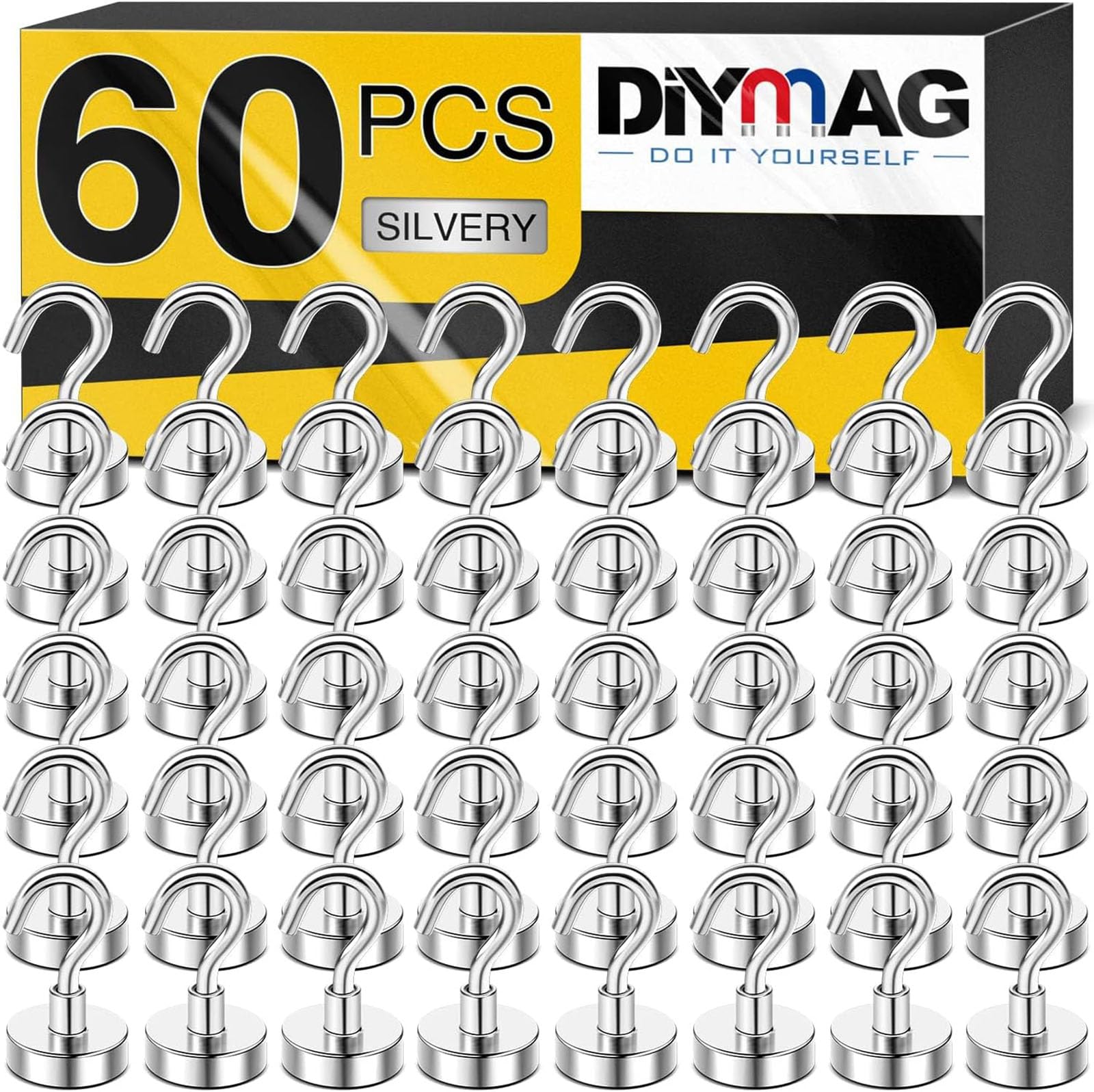 60 Pack 30Lbs Heavy Duty Magnetic Hooks - Silver Pegboard Hooks for Cruise, Grill, Towel Hanging - Ideal for Home, Kitchen, Office, Garage & Workplace Organization - Strong Neodymium Magnets for Indoor/Outdoor Use